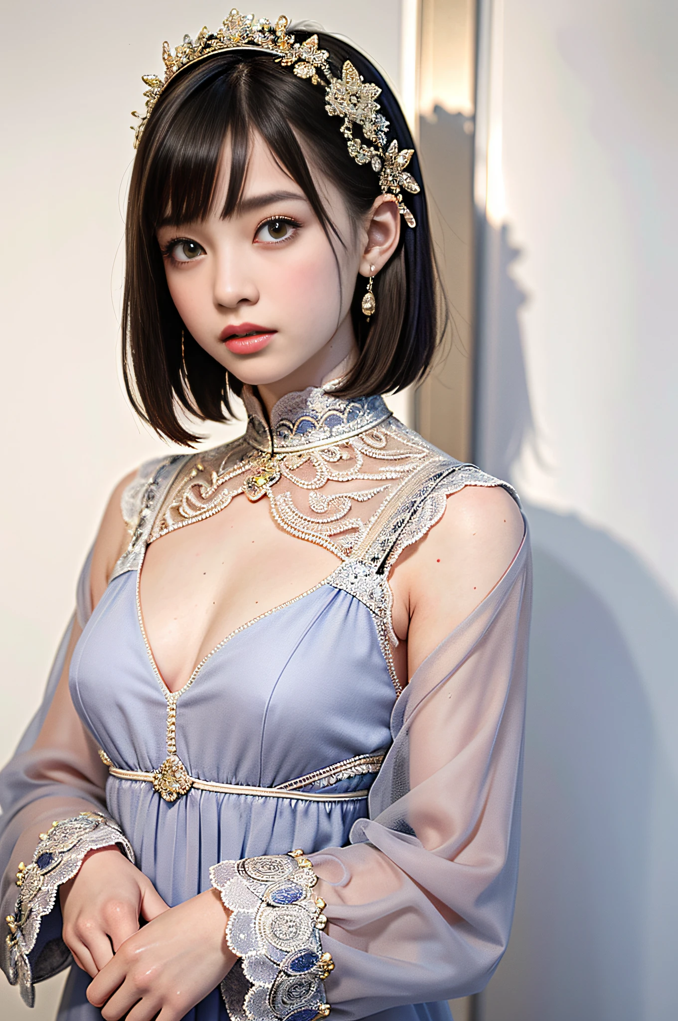 (8k, RAW photos, top quality, masterpiece: 1.2), ultra detailed, super resolution, (real, real photos: 1.37), portraits, high definition RAW color photos, professional photos, very detailed and beautiful, highly detailed, 8k wallpapers, amazing details, huge file size, official art, highly detailed CG Unity 8k wallpapers, highly detailed beautiful girls, highly detailed faces, Highly Detailed Eyes, Highly Detailed Skin, Highly Detailed Fingers, Very Detailed Nose, Highly Detailed Detailed Mouth, Perfect Anatomy, Detailed Background, Detailed Clothes, One Girl, (20:1.2), 20s, Cute Girl, Realistic Body, Petite, White Skin, Radiant Skin, Slim Body, Black Hair, Short Hair, (Blunt Bangs: 1.2), Cute, Youthful, Pretty Face, Realistic Face, Delicate Eyes, Sale Eyes, ( (Fashionable winter clothes)), ((Up)), ((((Short hair)))), Earrings, Looking at the camera, Cowboy shot, Facing Front, Standing Posture, Contrapposto, Dynamic Lighting, C Cup Breasts,