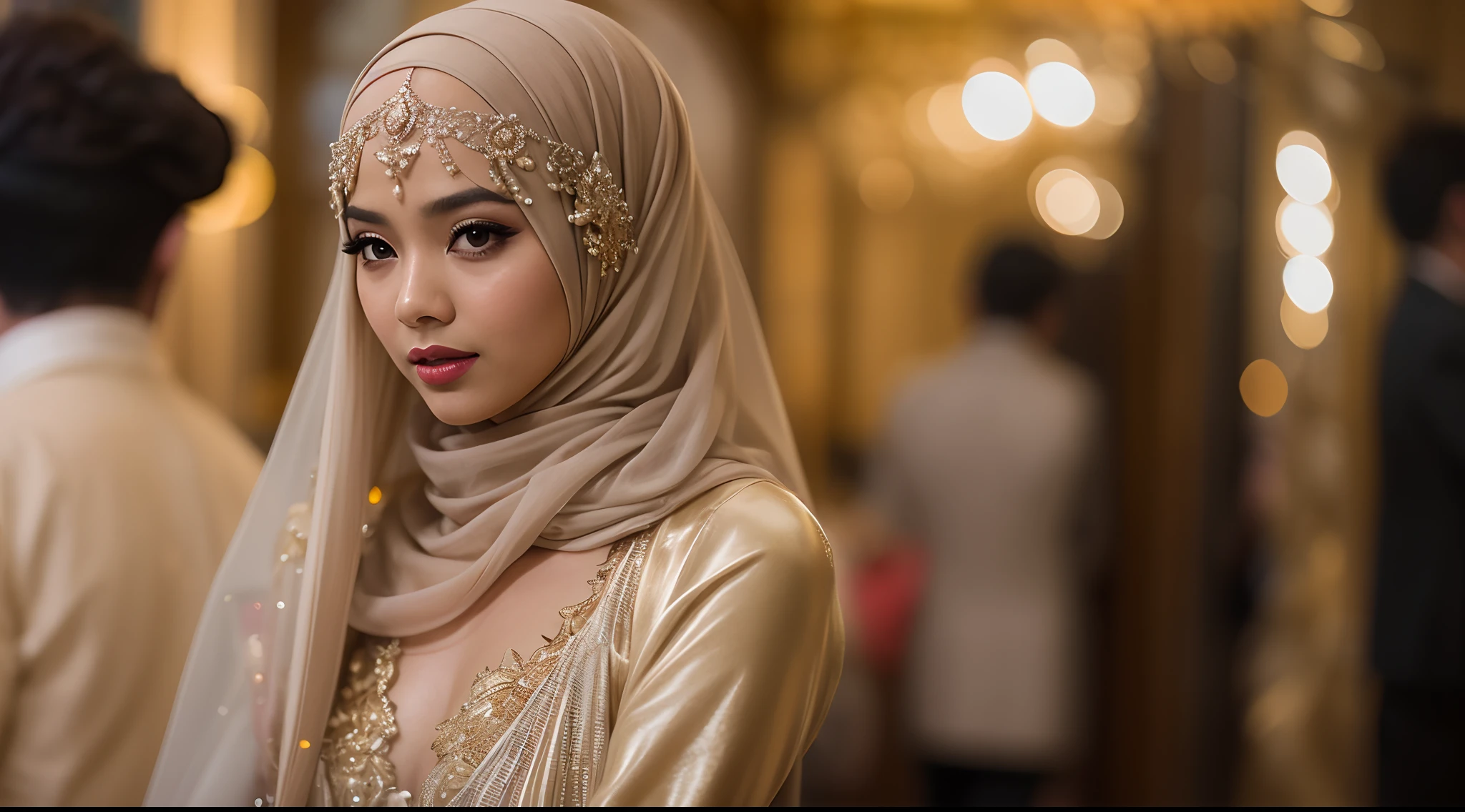 Generate a film still reminiscent of 'The Great Gatsby' with a Malay girl in hijab attending a glamorous 1920s-themed party. Use a 50mm lens to capture the elegance and opulence of the event
