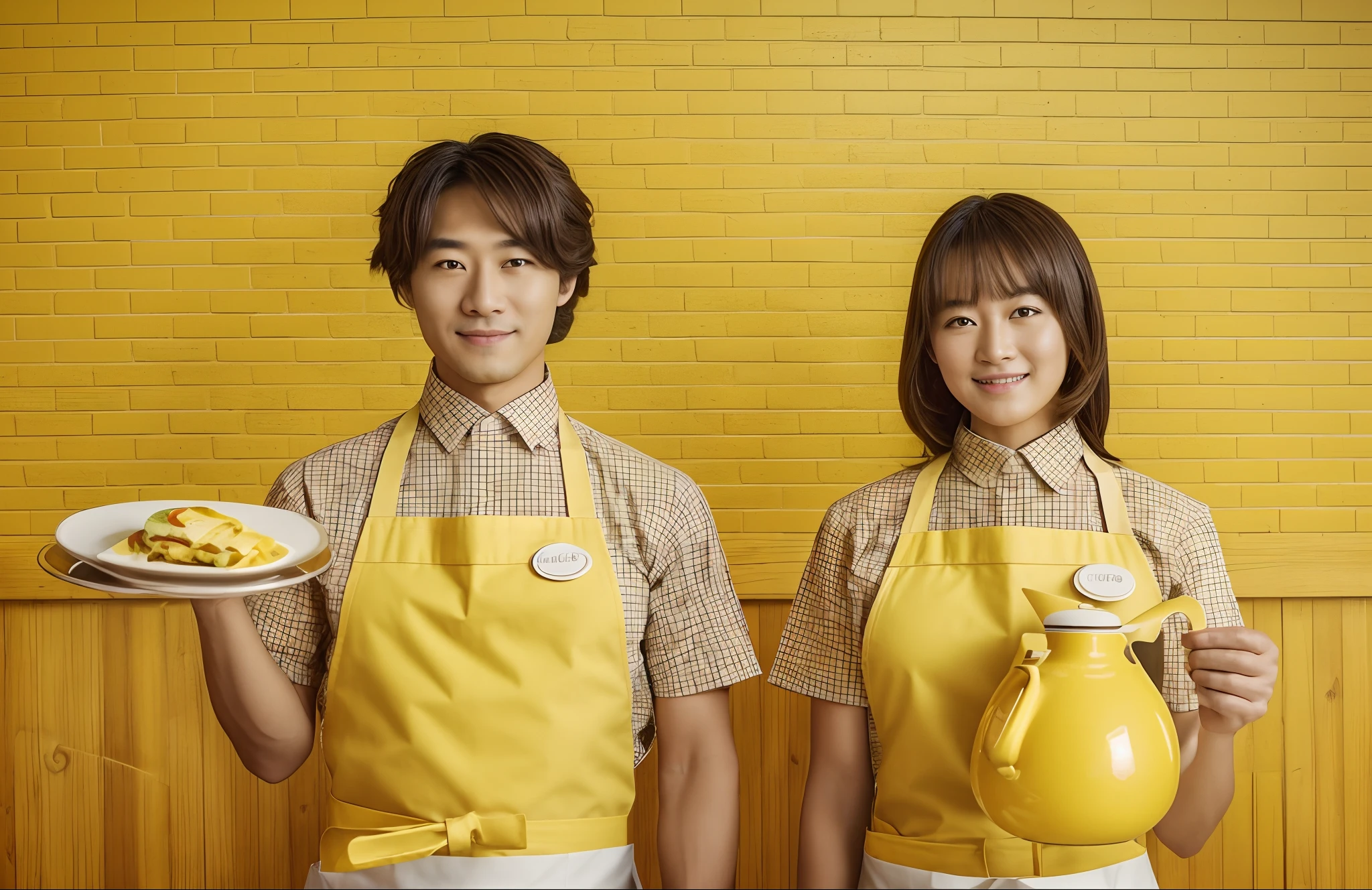 (in 8K、RAW Photography、top-quality、​masterpiece:1.2)、(Best Quality、in 8K、nffsw:1.2)、Professional Writing、Professional Photography, advertising photography, SLR camera,High quality, Kodak portra 400, Male and female waiters, Having an omelet, Having a Coffee Pot, （Yellow background:1.8）, Two people, Yellow apron, Yellow shirt with short sleeves, Yellow brick and yellow wood walls,Bright interior, forward light