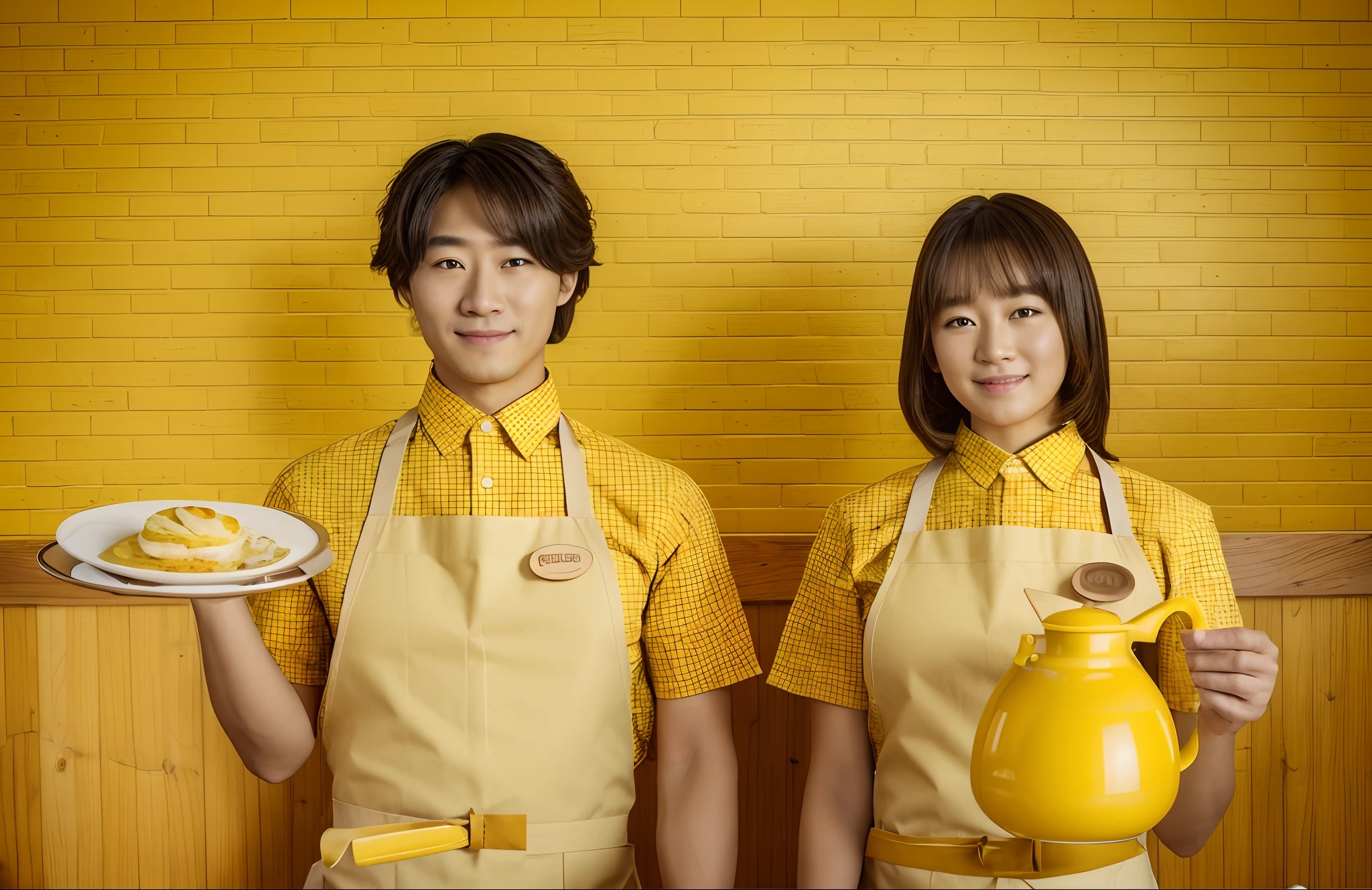 (in 8K、RAW Photography、top-quality、​masterpiece:1.2)、(Best Quality、in 8K、nffsw:1.2)、Professional Writing、Professional Photography, advertising photography, SLR camera,High quality, Kodak portra 400, Male and female waiters, Having an omelet, Having a Coffee Pot, （Yellow background:1.8）, Two people, Yellow ?????, Yellow shirt with short sleeves, Yellow brick and yellow wood walls,Bright interior, forward light