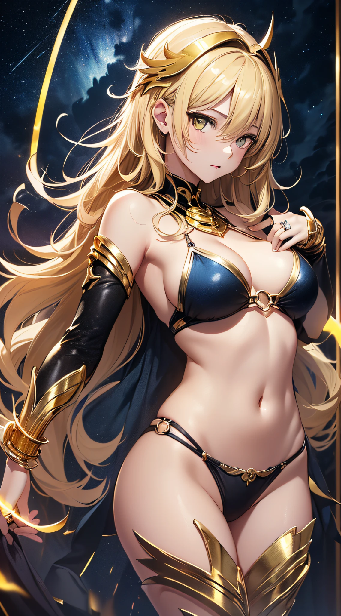 top-quality、Top image quality、masterpiece、girl with((18year old、Best Bust、big bast、Bust 85,beautiful golden eyes、Breasts wide open,Blonde long hair、A slender、Large valleys、Gold Bikini、Goldcloak,Reflecting the whole body、Open your arms、Luminous Eyes、Gold ring on wrist))hiquality、Beautiful Art、Background with((Night sky、black clouds、Golden Thunder、Intense thunder、Blue thunder、Red thunder)))masutepiece、visualart、depth of fields、