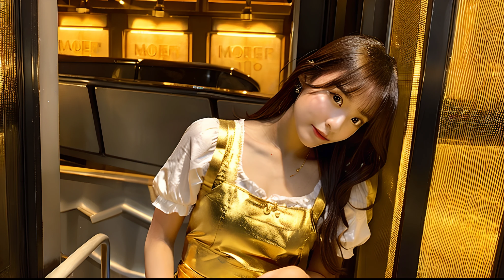 Waitress in a golden miniskirt