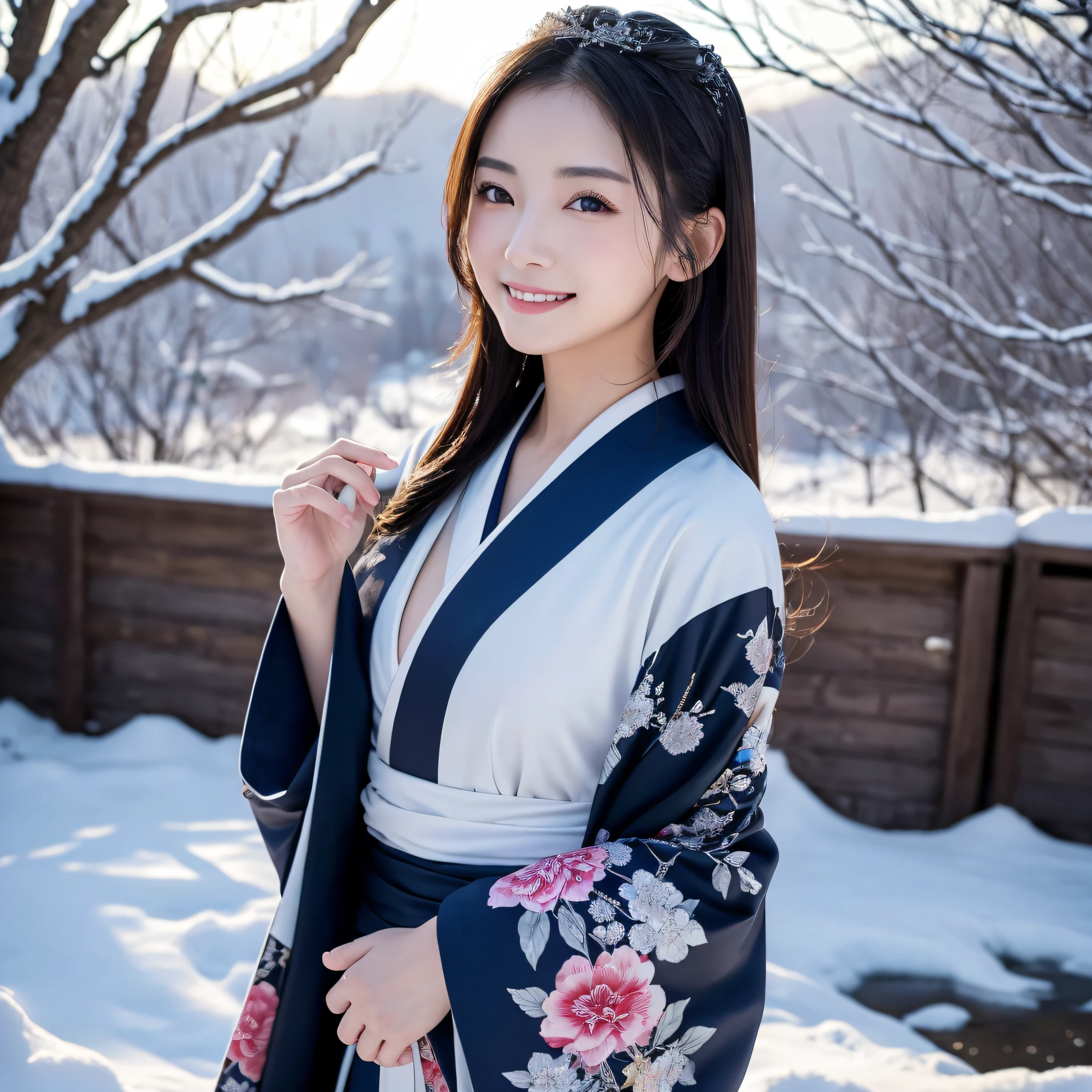(Super beautiful woman in kimono)、((best qualtiy、8k masterpieces:1.3))、foco nítido:1.2、(ultra beautiful faces:1.0)、(shinny skin:1.0)、photos realistic、A dark-haired、Video Lighting、High-definition eyes and face、Video Lighting、Japanese actressl、from the front side、medium breasts、With a happy smile、Slender Abs Beauty、Whole body、wearing kimonos、In a snowy landscape in the middle of winter