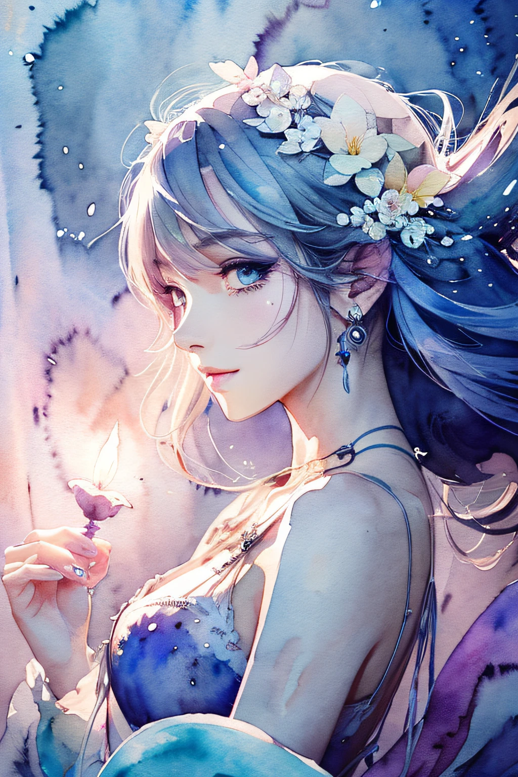 (ultra-Detailed Background, Detailed Background), Absurd, High resolution, Super detailed, Very detailedな, One girl, (bouquet:1.3), (Tangled:1.2), (Geometric:1.2),(colorful),(masterpiece, quality, best quality, Official Art, Beautiful and beautiful:1.2), (1 girl:1.3), Very detailed,(colorful:1.1)(Flowers:1.3),Most detailed,(Tangled:1.2), whole body, (Abstract background:1.3), (Skin glows), (Many colors:1.4), ,(Earrings Feather:1.5), Pale Purple Background,