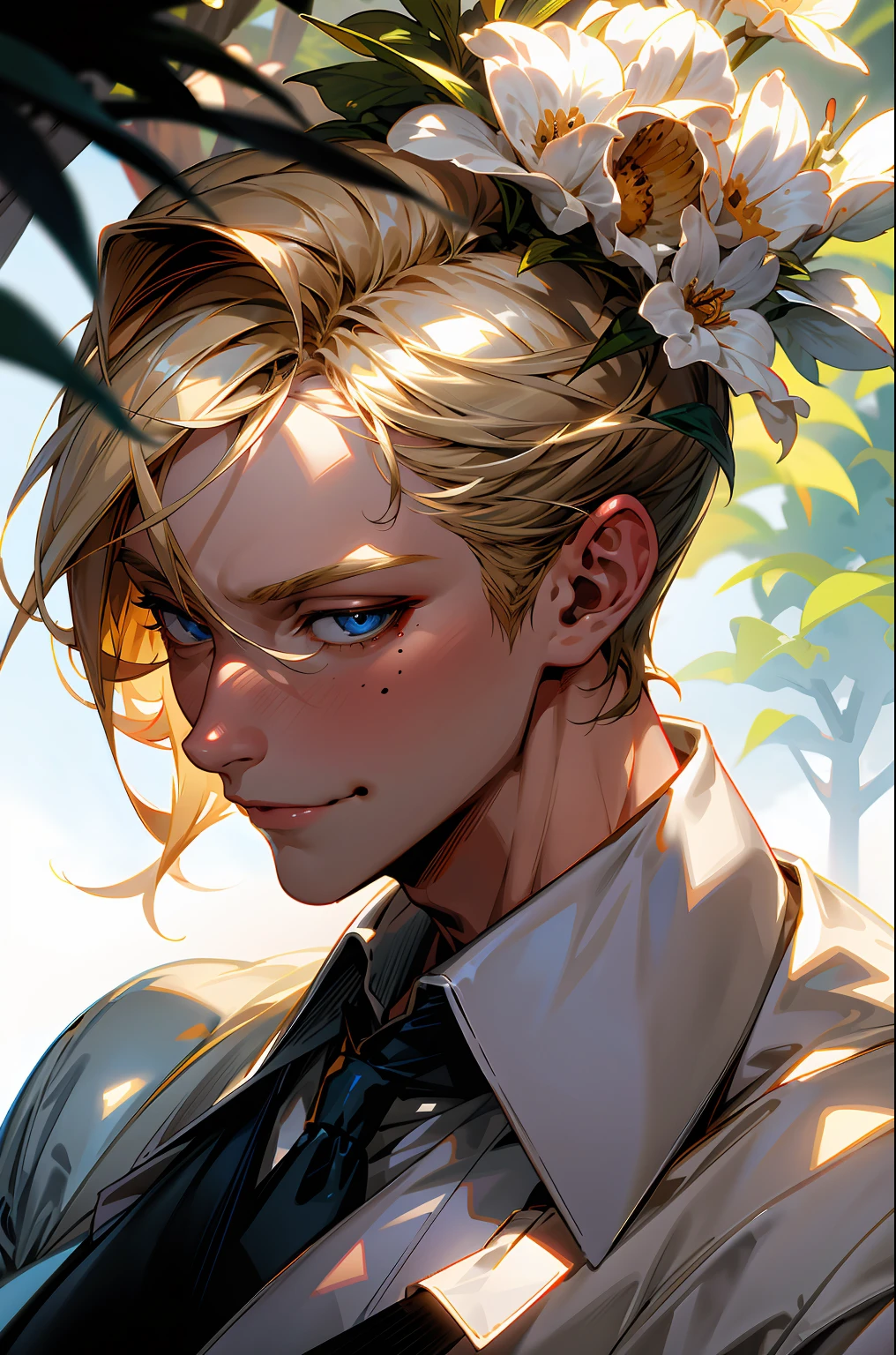 1boy, blonde hair, blue eyes, closed mouth, shirt with collar, dappled sunlight, Day, flower, sheet, lips, looking at the side, looking at the side, male focus, taupe, mole under the eyes, exteriors, Portrait, Shirt, Short hair, 独奏, Sunlight, white  shirt,coffee,coffee house,cafes,coffee,full length,You can see everything,ah high ,A smirk on his face