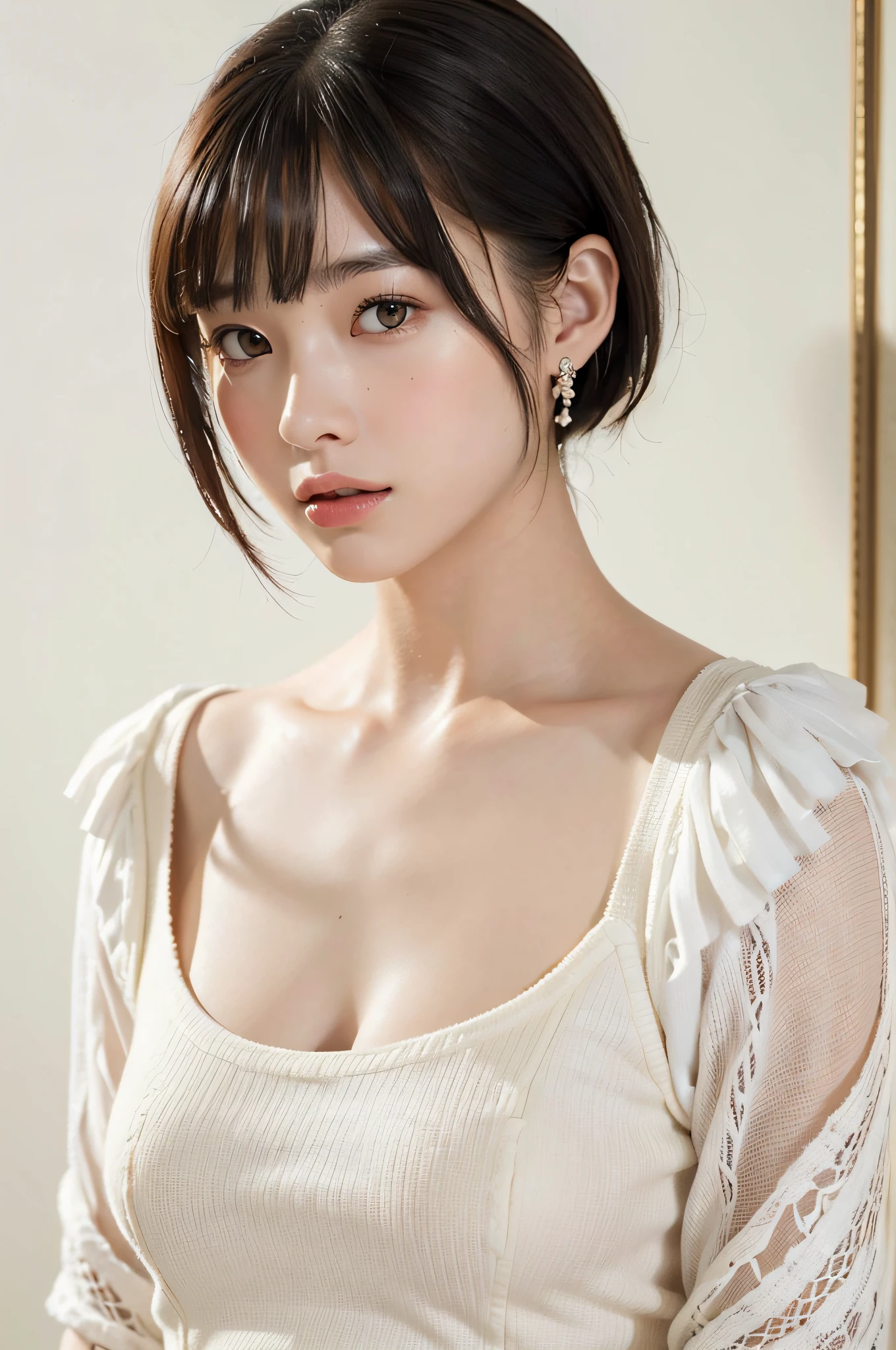 (8k, RAW photos, top quality, masterpiece: 1.2), ultra detailed, super resolution, (real, real photos: 1.37), portraits, high definition RAW color photos, professional photos, very detailed and beautiful, highly detailed, 8k wallpapers, amazing details, huge file size, official art, highly detailed CG Unity 8k wallpapers, highly detailed beautiful girls, highly detailed faces, Highly Detailed Eyes, Highly Detailed Skin, Highly Detailed Fingers, Very Detailed Nose, Highly Detailed Detailed Mouth, Perfect Anatomy, Detailed Background, Detailed Clothes, One Girl, (20:1.2), 20s, Cute Girl, Realistic Body, Petite, White Skin, Radiant Skin, Slim Body, Black Hair, Short Hair, (Blunt Bangs: 1.2), Cute, Youthful, Pretty Face, Realistic Face, Delicate Eyes, Sale Eyes, ( (Fashionable winter clothes)), ((Up)), ((((Short hair)))), Earrings, Looking at the camera, Cowboy shot, Facing Front, Standing Posture, Contrapposto, Dynamic Lighting, C Cup Breasts,