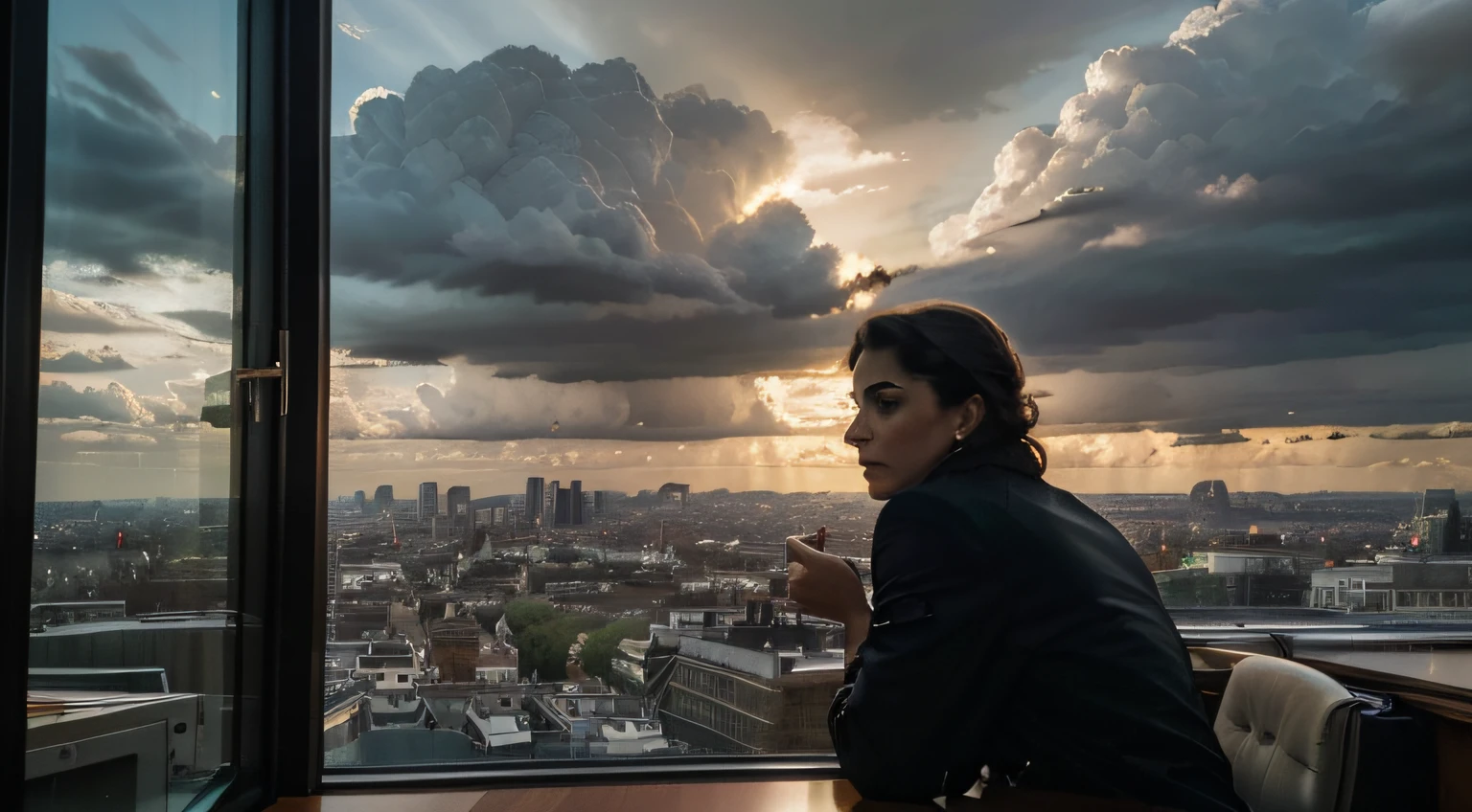 Uma imagem Da ((noite em Londres)) o ((Sky was overcast with dark clouds)), como se a cidade estivesse prestes a revelar seus segredos mais sombrios. (((Detetive James Williams))) e a (((aristocrata Catherine Boorman))) esta na (Office Window) olhando a (cidade combria).