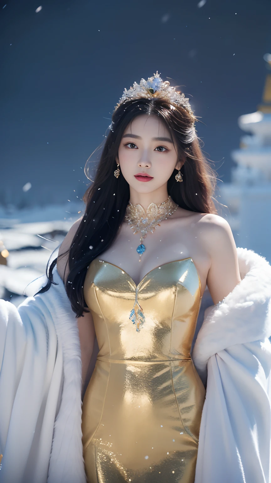 There was a woman in a golden dress,Wearing a necklace,((a beautiful fantasy empress).inspired by Sim Sa-jeong,Azure.detailed hairs,winter snow falling princess,LCE Princess,Guvez-Steville artwork,8K)),fantasy aesthetic!.Guviz,Ice Queen,8k high-quality detailed art.