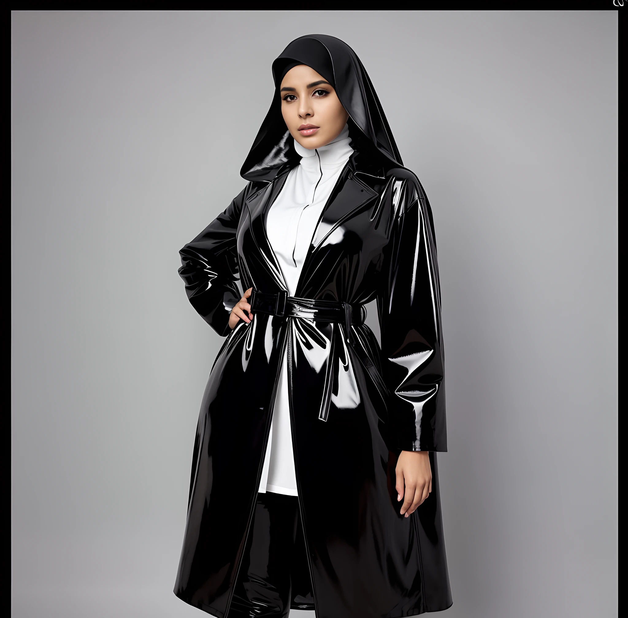 ijab, burqa, hijabi, veil, veiled, muslima, saudi woman, arab woman, arabic woman, concerned and sad facial expression, long patent coat, patent leather coat, long black patent coat, muslima, muslim woman in leather coat, a woman in a black leather coat and white top, latex suit and raincoat, latex outfits, she is wearing a wet coat, leather robes, wearing black leather trenchcoat, wearing black latex outfit, skintight jet black leahter coat, black-white skintight robes!, slicked black hair, wearing latex, latex dress, latex shiny, sleek robes
