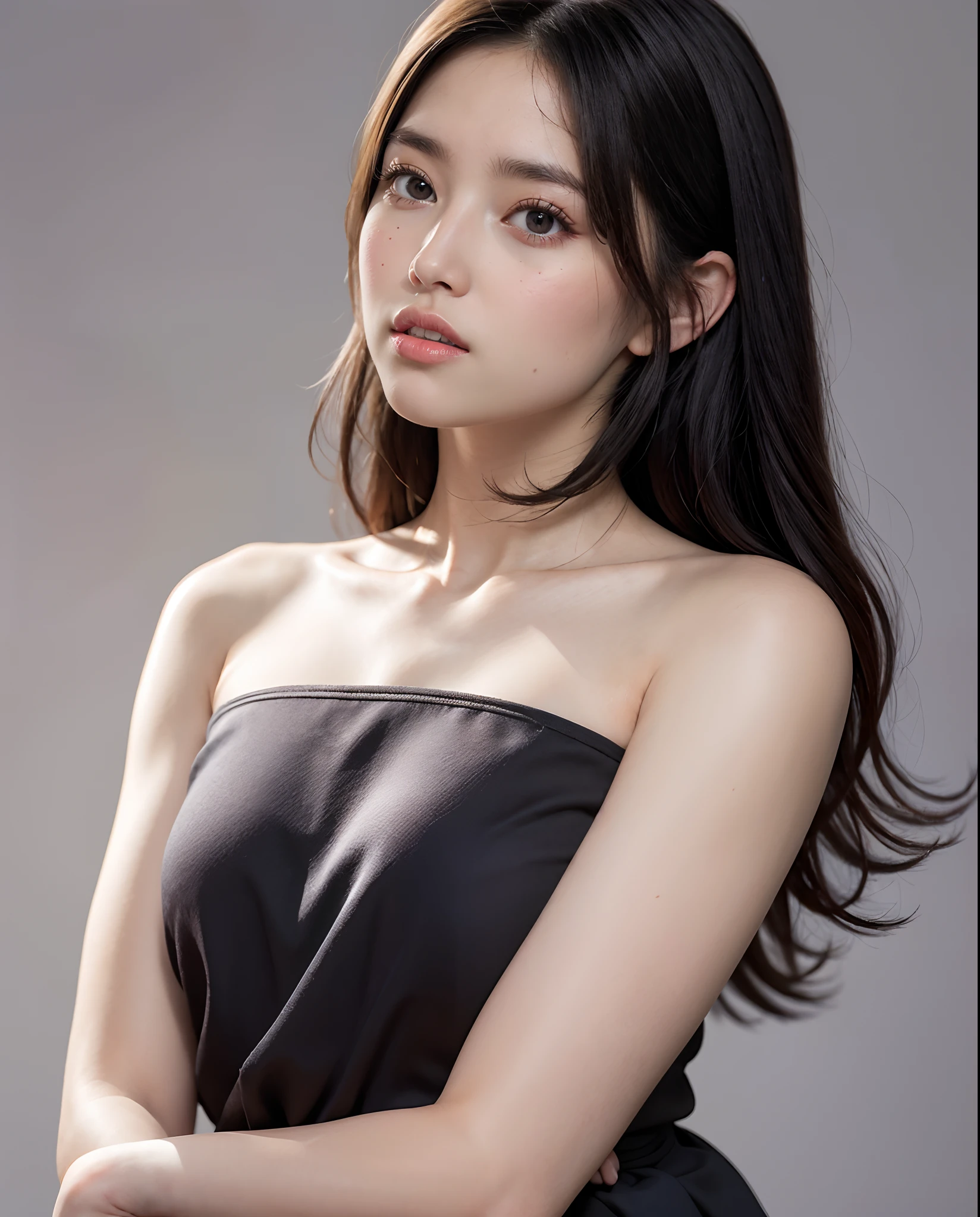 20 years old woman, (Photorealistic:1.4, realisitic), Highly Detailed CG Unified 8k Wallpaper, 1Girl, (Slender body:0.8), (Small breasts:0.7), looking up at viewer, (HQ Skin:1.4), 8K UHD, DSLR, Soft lighting, High Quality, film grain, FUJIFILM XT3, (close up shot:1.2), (Black dress, black mini skirt), (Simple background, Black background), asian girl, perfect hand, perfect fingers, perfect, Real hands