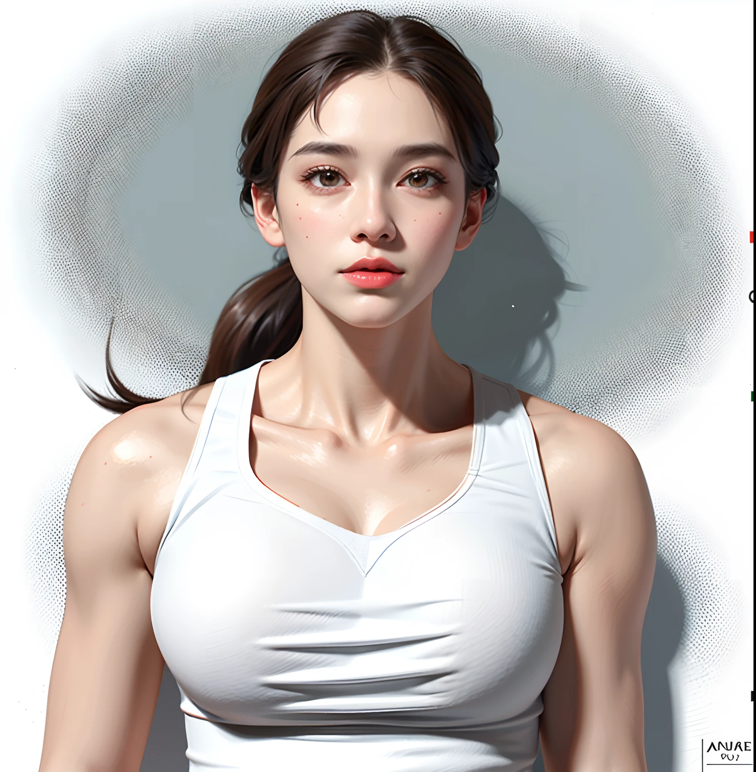 Drawing of a woman with a ponytail and a vest, line art portrait, Outline sketch, realistic line drawing, Line sketch, Detailed face and body, face line drawing, Detailed body and