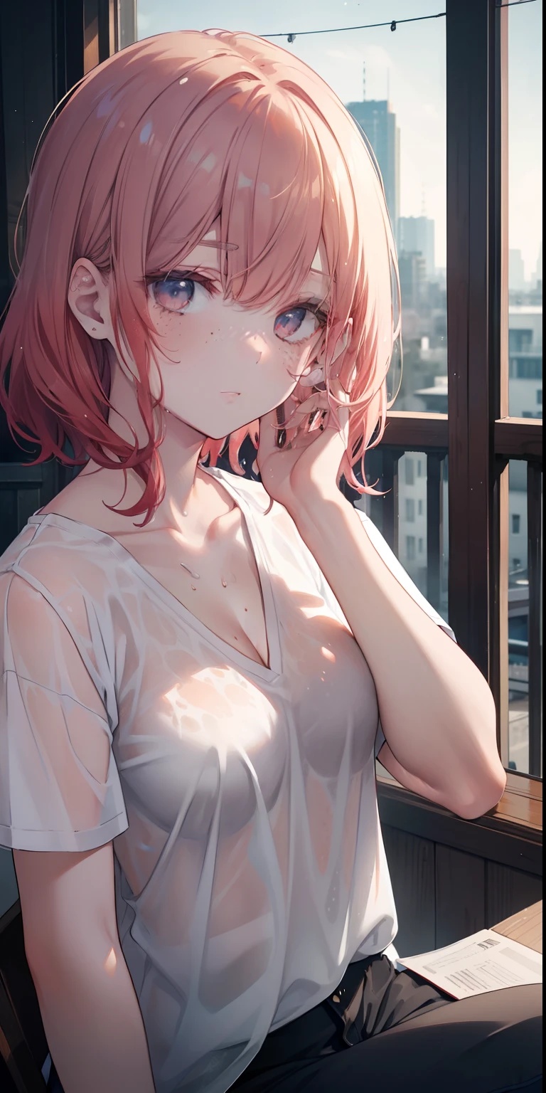 a portrait of a (milk wet soaking:1.2) red head, Freckled professor is sitting on a balcony,White V-neck shirt, visible through the white t-shirt, slate atmosphere, Cinematic, faded colors, dark shot, muted colors , grainy film, lute, insane details, intricate details, hyper-detailed, Closeup, twilights
  INFO