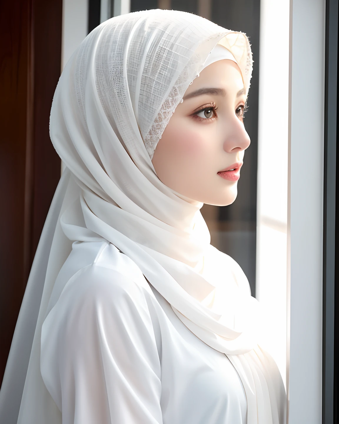 there is a woman wearing a hijab looking out a window, hijab, veiled, white hijab, veiled face, beautiful delicate face, very beautiful girl, lovely delicate face, pale-skinned persian girl, beautiful arab woman, beautiful, high quality portrait, portait photo profile picture, traditional beauty, very extremely beautiful, muslim, beautifully, beautiful girl