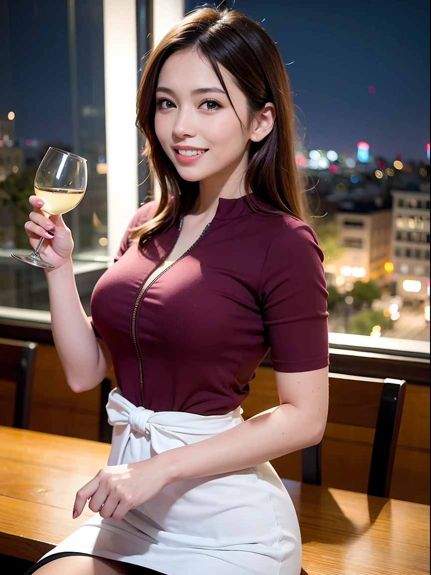 (64K, UHD, top quality, masterpiece: 1.2), (realistic, photorealistic: 1.37), super detailed, pretty woman 1 person, (slim face), (slim body), (brown hair), (short cut), cheeks slightly blushing, (42 years old), 38 years old, solo, beautiful detailed urban night view outside the window, restaurant, wine glasses sit, night, in a prominent place (from the waist up) NovaFrogStyle, Actress, Model, Waist Up, White Wine, Slim, Wine Glass, Super Clean Night View, Wine Glass Put in the Middle, Happy Smile, (Smile: 1.15), Beautiful Fine Eyes, Upper Body, Bust Japan Up, Night, Short, Short, Actress, Model, Waist Up, White Wine, Slim, Wine Glass, Super Clean Night View, Wine Glass Put in the Middle, Happy Smile,