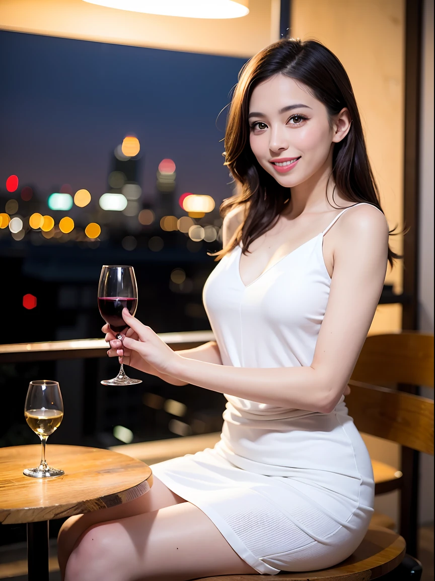 (64K, UHD, top quality, masterpiece: 1.2), (realistic, photorealistic: 1.37), super detailed, pretty woman 1 person, (slim face), (slim body), (brown hair), (short cut), cheeks slightly blushing, (42 years old), 38 years old, solo, beautiful detailed urban night view outside the window, restaurant, wine glasses sit, night, in a prominent place (from the waist up) NovaFrogStyle, Actress, Model, Waist Up, White Wine, Slim, Wine Glass, Super Clean Night View, Wine Glass Put in the Middle, Happy Smile, (Smile: 1.15), Beautiful Fine Eyes, Upper Body, Bust Japan Up, Night, Short, Short, Actress, Model, Waist Up, White Wine, Slim, Wine Glass, Super Clean Night View, Wine Glass Put in the Middle, Happy Smile,