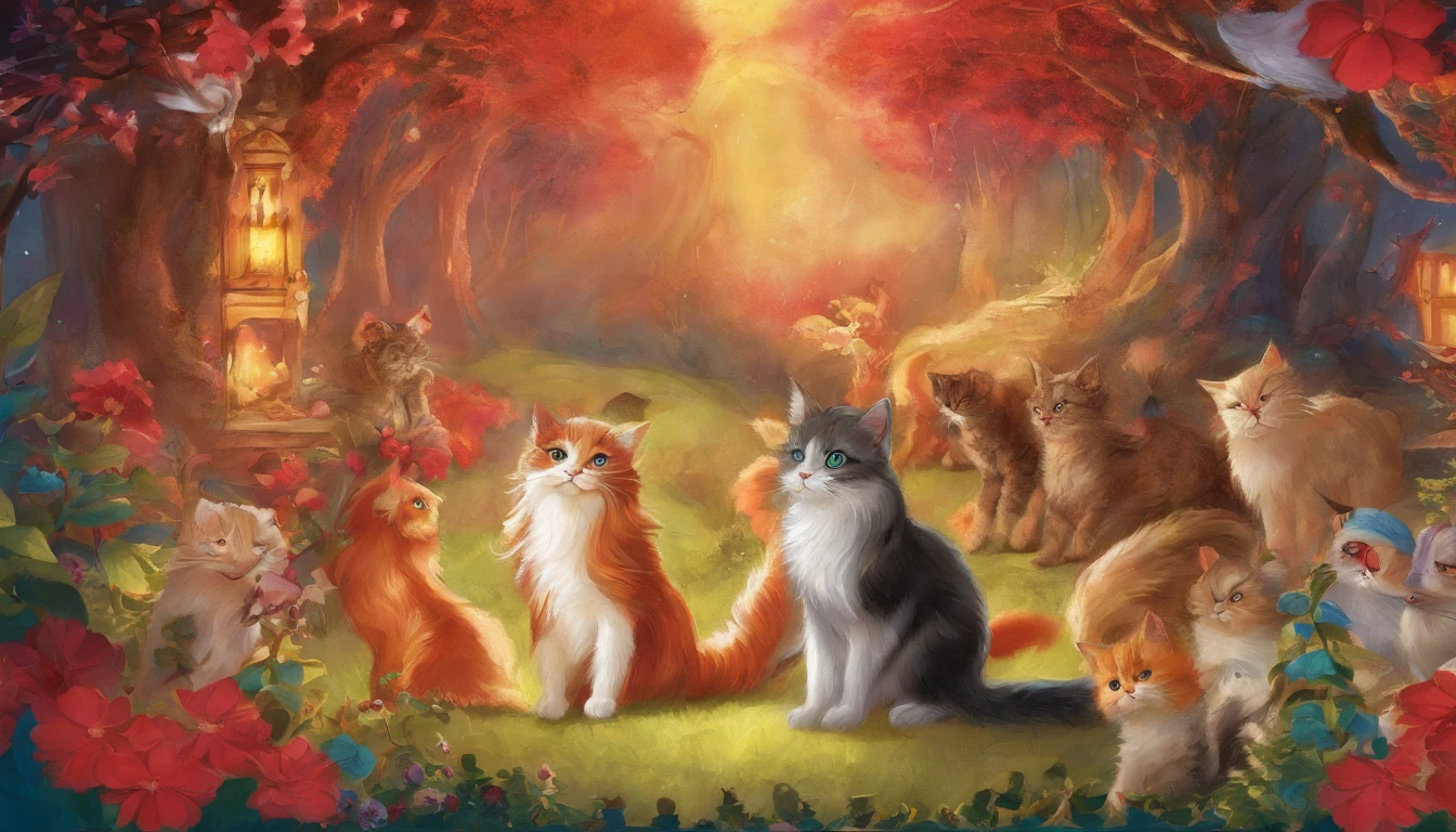 There are many cats that are sitting in the grass together - SeaArt AI