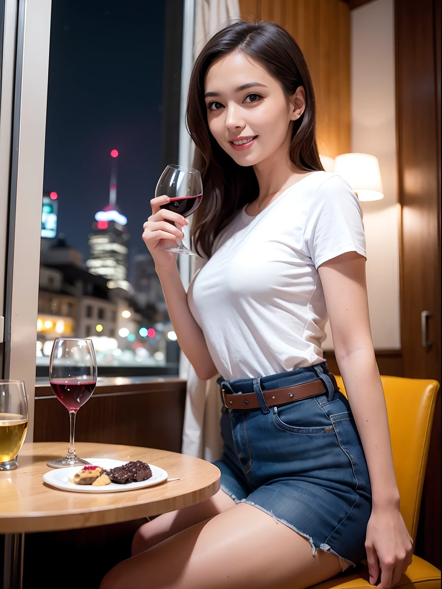(64K, UHD, top quality, masterpiece: 1.2), (realistic, photorealistic: 1.37), super detailed, pretty woman 1, (slim face), (slim body), (brown hair), (short cut), cheeks slightly blushing, (40 years old), 38 years old, solo, beautiful detailed urban night view outside the window, restaurant, wine glass sitting, at night, in a prominent place (from the waist up) NovaFrogStyle, Actress, Model, Waist Up, White Wine, Slim, Wine Glass, Super Clean Night View, Wine Glass Put in the Middle, Happy Smile, (Smile: 1.15), Beautiful Fine Eyes, Upper Body, Bust Japan Up, Night, Short, Short, Actress, Model, Waist Up, White Wine, Slim, Wine Glass, Super Clean Night View, Wine Glass Put in the Middle, Happy Smile,