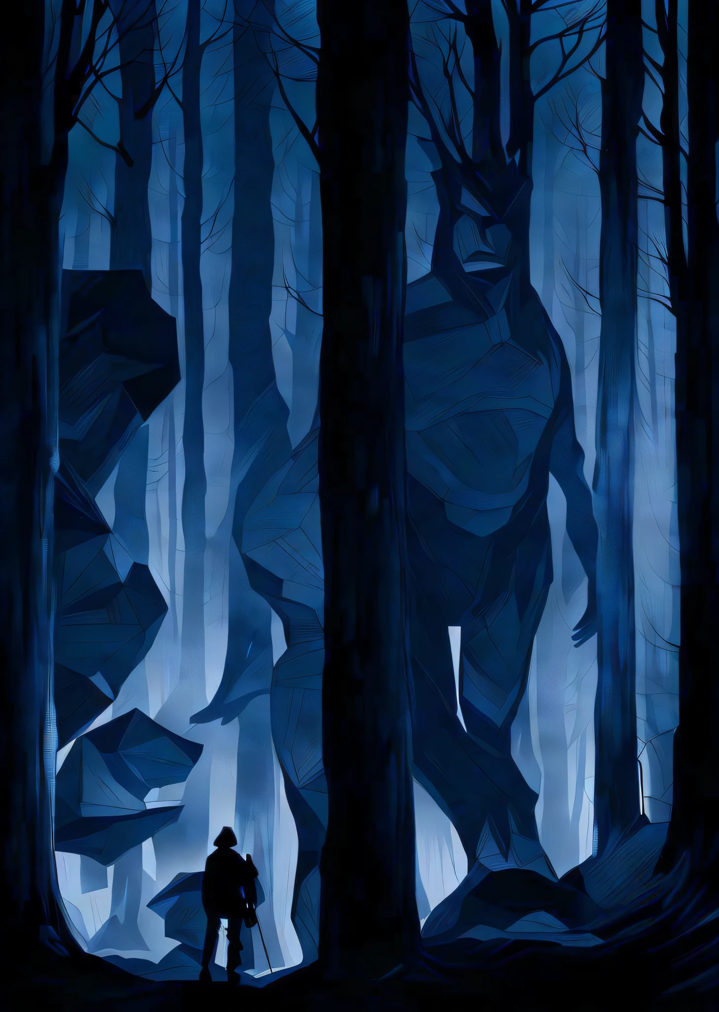 man with big titan in a forest, dark forest, blue dark studio, black tree, by night, illustration, drawing