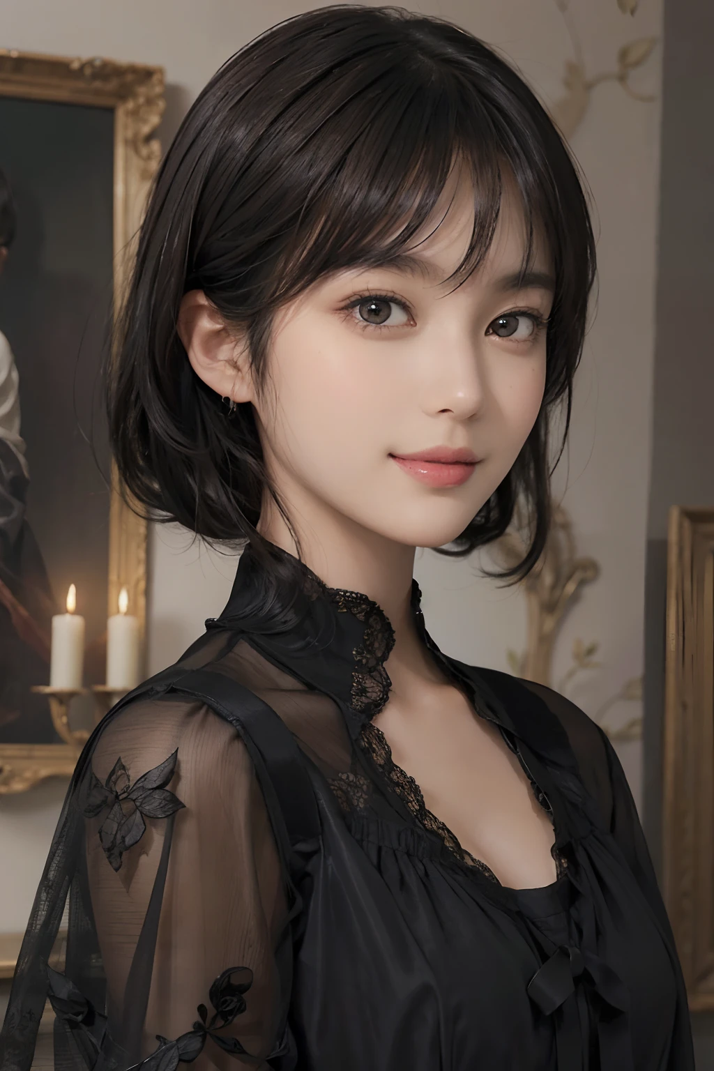 A close up of a woman in a black dress posing for a picture - SeaArt AI