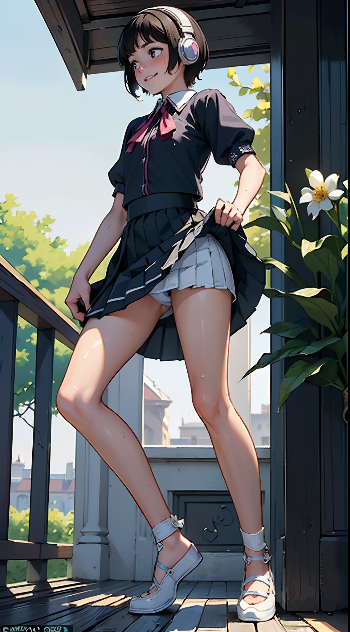 {{{masutepiece}}}, {{{Best Quality}}}, {{Ultra-detailed}}, {{extremely delicate and beautiful}},(nffsw), (Best Quality, 8K, 32K, masutepiece, nffsw:1.2),a photo of a cute girl, of the highest quality, Best Quality, Realistic, Unity, 8K Wallpaper, Official art,(ers old),(chilhe best princess in the world:1.5),(Uniforms with a lot of decoration:1.5),(Gorgeous headphones:1.3),(Smile:1.3),(Sweaty skin:1.5),Black hair,(Very short hair:1.3),(On the balcony of the palace:1.3),(,(Full body:1.2),(skirt lift by yourself :1.7),(Pantiles:1.3),(Mid summer:1.5),(From below:1.5),(low view:1.5)
