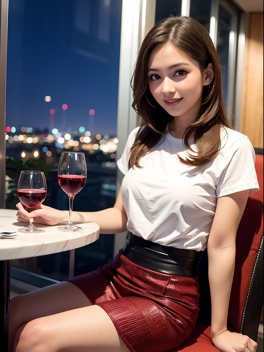 (64K, UHD, top quality, masterpiece: 1.2), (realistic, photorealistic: 1.37), super detailed, pretty woman 1, (slim face), (slim body), (brown hair), (short cut), cheeks slightly blushing, (40 years old), 38 years old, solo, beautiful detailed urban night view outside the window, restaurant, wine glass sitting, at night, in a prominent place (from the waist up) NovaFrogStyle, Actress, Model, Waist Up, White Wine, Slim, Wine Glass, Super Clean Night View, Wine Glass Put in the Middle, Happy Smile, (Smile: 1.15), Beautiful Fine Eyes, Upper Body, Bust Japan Up, Night, Short, Short, Actress, Model, Waist Up, White Wine, Slim, Wine Glass, Super Clean Night View, Wine Glass Put in the Middle, Happy Smile,