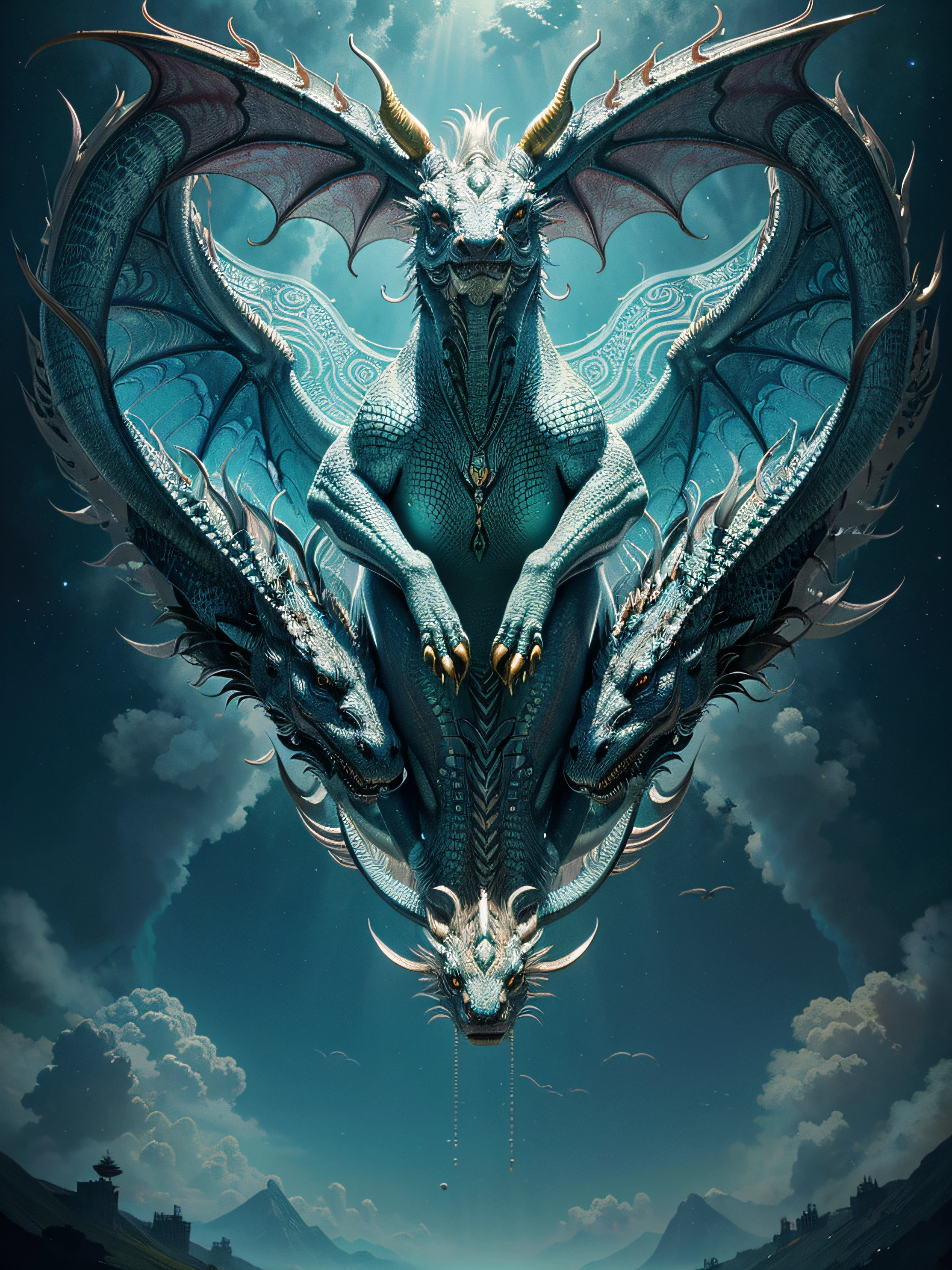 Create a breathtaking illustration featuring a majestic Chinese Dragon in all its glory. This mythical creature should exude a sense of ancient power and mystique. The dragon's features may include intricate details such as ethereal scales, a vibrant blue mane, and a clear, sparkling faucet-like appearance. Draw inspiration from artists like James Jean and Victo Ngai, infusing their artistic styles into this piece. Capture the dragon in flight, weaving through the clouds, as it shares the sky with ethereal foxes and other mythological creatures. Embrace the psychedelic and surreal, creating an artwork that evokes the same feeling as James Jean's work. Envelop the scene in a yellow-green aura, adding a surreal and ethereal touch reminiscent of the styles of James Jean and Victo Ngai. The final artwork should be a beautiful and intricate digital painting, much like the masterpieces by Caroline Chariot-Dayez and Tristan Eaton, with a sense of mysticism and wonder befitting a Chinese Dragon