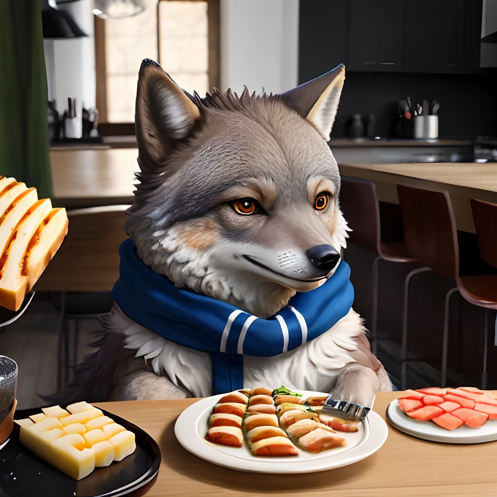 Une pieuvre, un loup, un chat et un hibou, autour d'une raclette dans le style réaliste