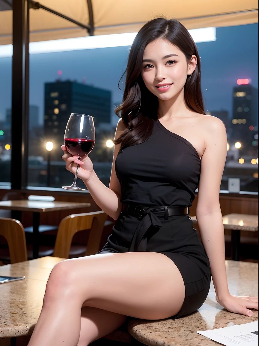 (64K, UHD, top quality, masterpiece: 1.2), (realistic, photorealistic: 1.37), super detailed, pretty woman 1, (slim face), (slim body), (brown hair), (short cut), cheeks slightly blushing, (40 years old), 38 years old, solo, beautiful detailed urban night view outside the window, restaurant, wine glass sitting, at night, in a prominent place (from the waist up) NovaFrogStyle, Actress, Model, Waist Up, White Wine, Slim, Wine Glass, Super Clean Night View, Wine Glass Put in the Middle, Happy Smile, (Smile: 1.15), Beautiful Fine Eyes, Upper Body, Bust Japan Up, Night, Short, Short, Actress, Model, Waist Up, White Wine, Slim, Wine Glass, Super Clean Night View, Wine Glass Put in the Middle, Happy Smile,