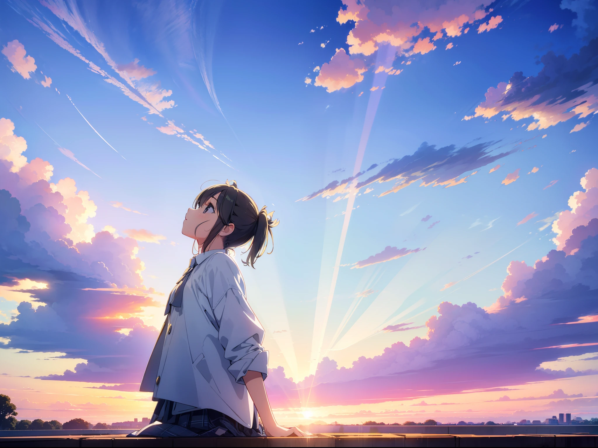 1 cute girl ,looking up sky, ((crepuscular rays )), ((puddle)), from behind , (from below:0.9) , ((background cloudy sky )),((masterpiece)), ((best quality)), ((ultra-detailed)), (illustration), ((an extremely delicate and beautiful))