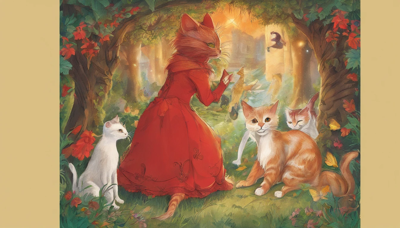 Back of 5 cats　Fantastic atmosphere　Picture book illustrations　Overall, the color is strong red