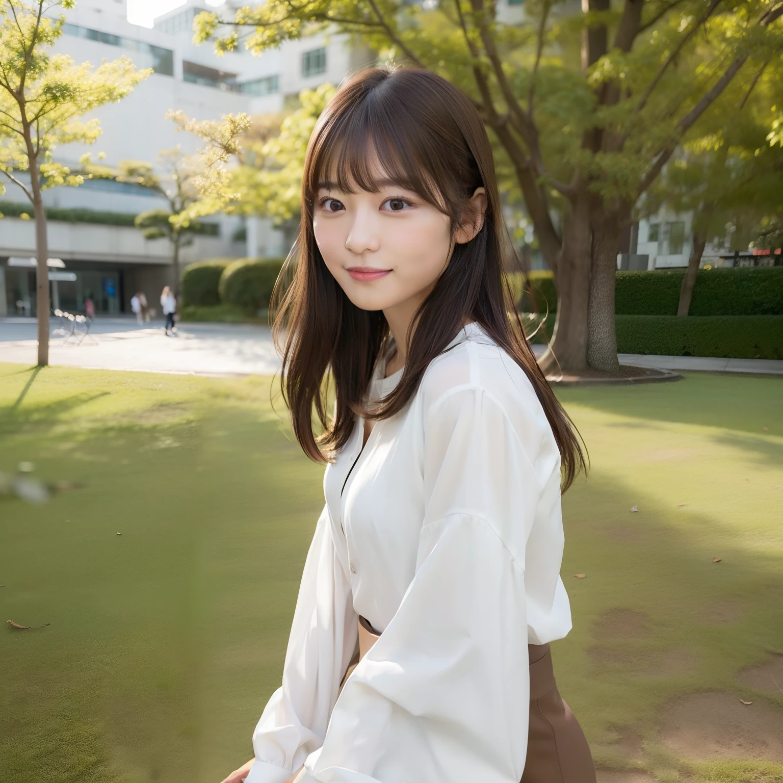 8k RAW photo,Best Quality, top-quality:1.1, ​masterpiece:1.3,超A high resolution, (Photorealistic:1.4), Raw photo, (upper thigh:1.5, From Side), natural skin textures:1.1, realistic eyes and face details:1.1, Full lips,(Bokeh:1.4), (in a suite), 1日本人の女の子, Cute, (Solo:1.6), (Shy smile), (dark brown eyes), Smooth skin, (Brown medium hair,Bangs), (touch hair:1.4),nogizaka,a park,Suits、full body Esbian、:1.4、Officelady:1.2