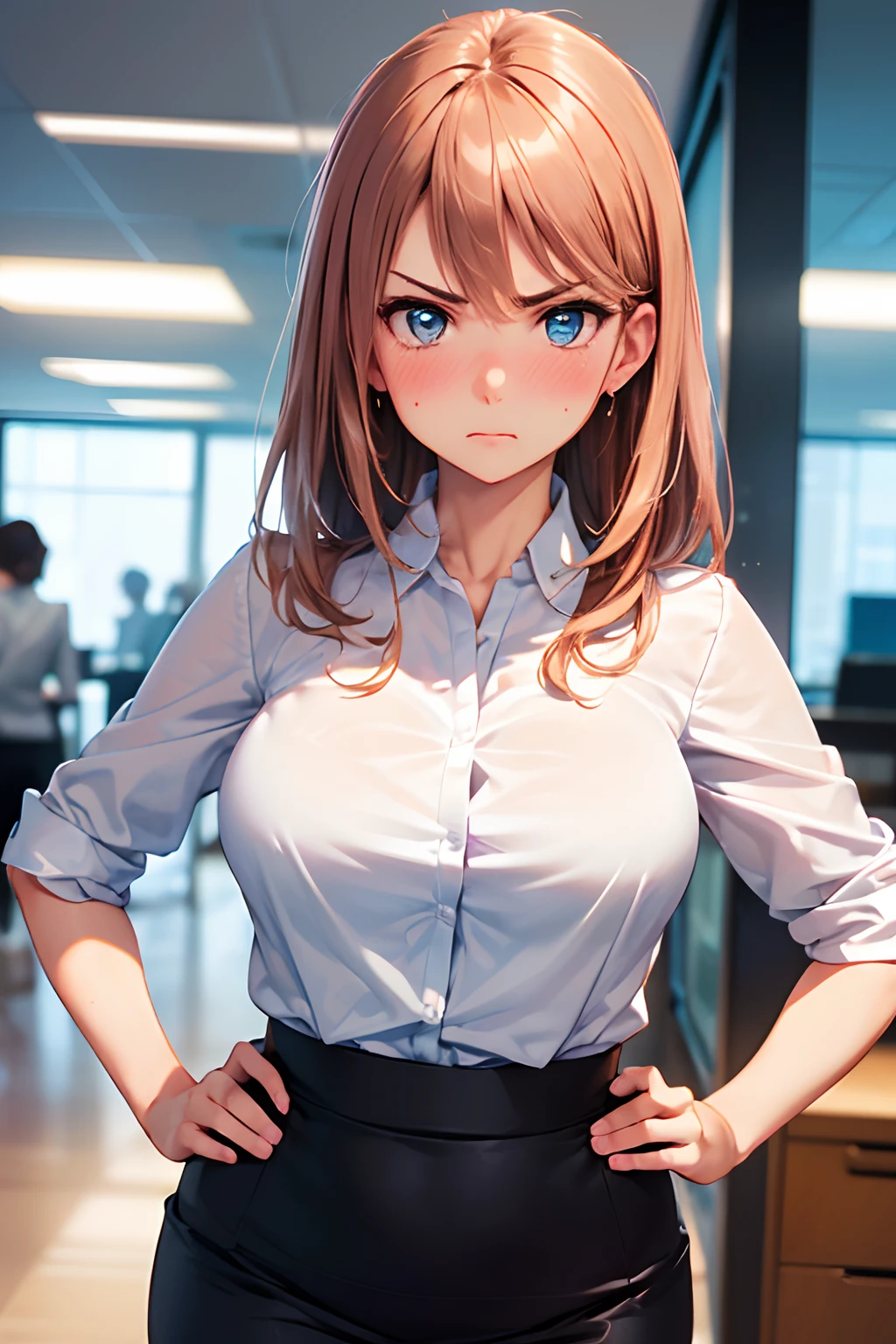 (High quality, High resolution, Fine details, Realistic), ((((puff out cheeks)))), Put hands on hips, lean forward, solo, women, ((Office Lady)), sparkling eyes, (Detailed eyes), angry, blush, Shallow depth of field