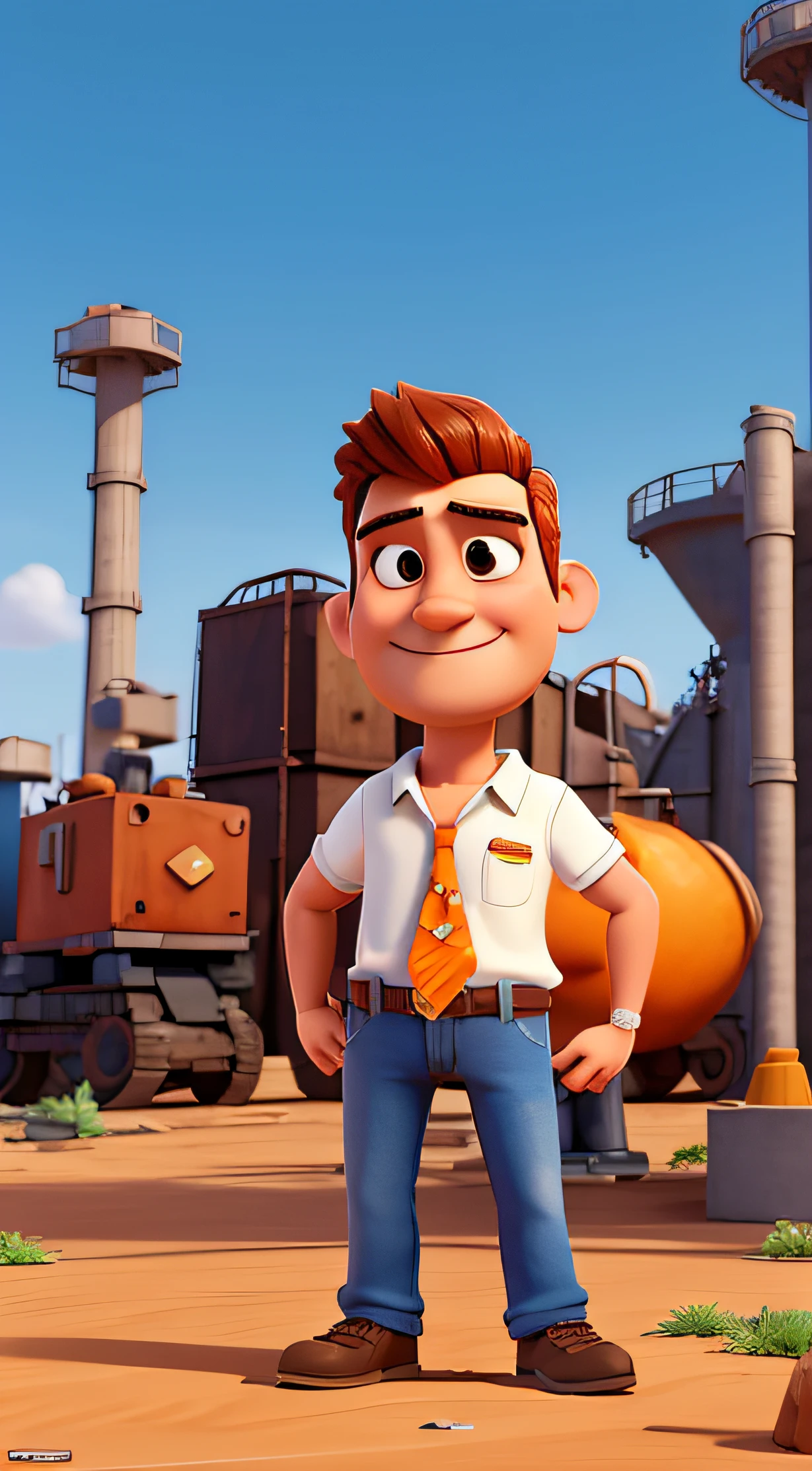 personagem dos desenhos animados de um homem branco com uma camisa branca, um personagem animado, pose de personagem, que represente uma empresa, Using an Orange Stacker 3D Character, In front of heavy machinery, industriais, estilo Pixar, com alta qualidade, poster