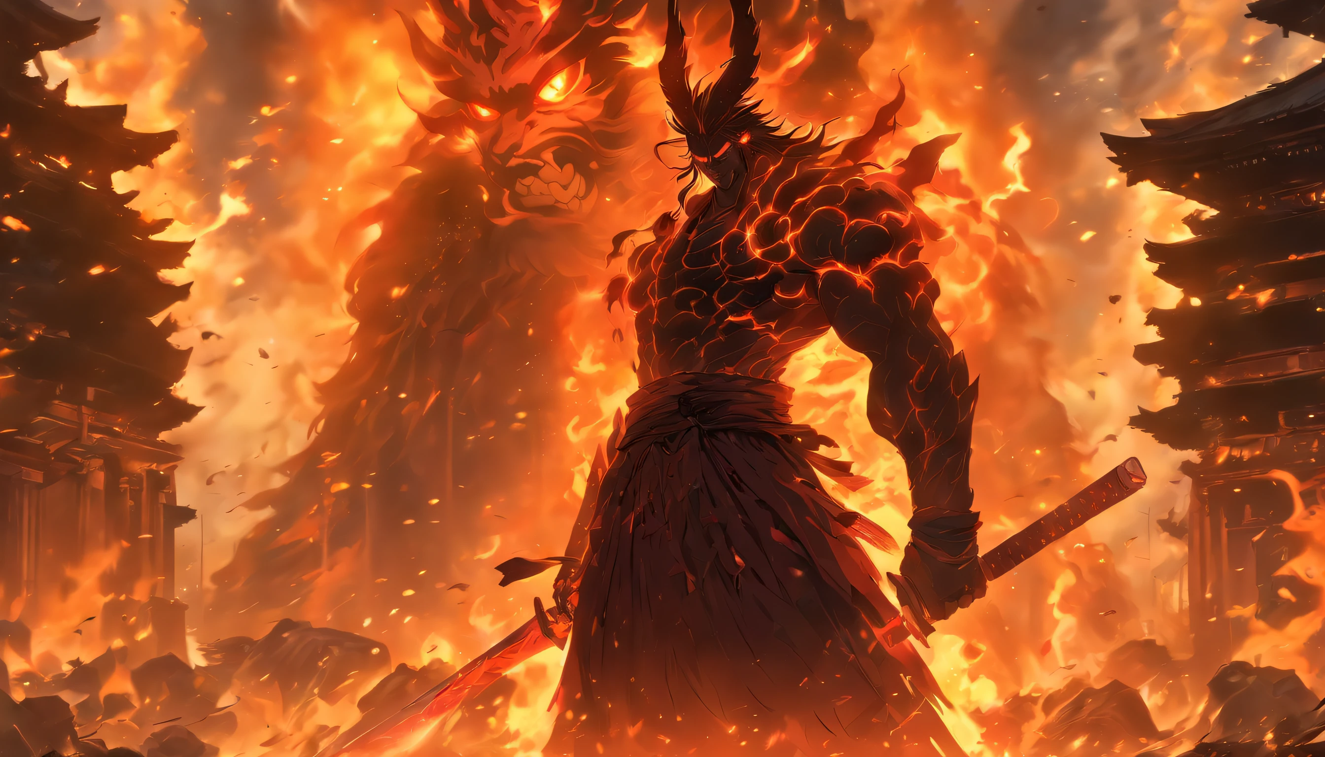 /imagine prompt: A furious man standing in front of an abandoned demon temple, gripping the hilt of his sword with determination in his eyes, surrounded by dilapidated buildings and burning flames symbolizing the cruelty and danger of the battle, ,32k, best quality, masterpiece, super detail, high details, by Makoto Shinkai ,in the style of the stars art group xing xing, --niji 5"