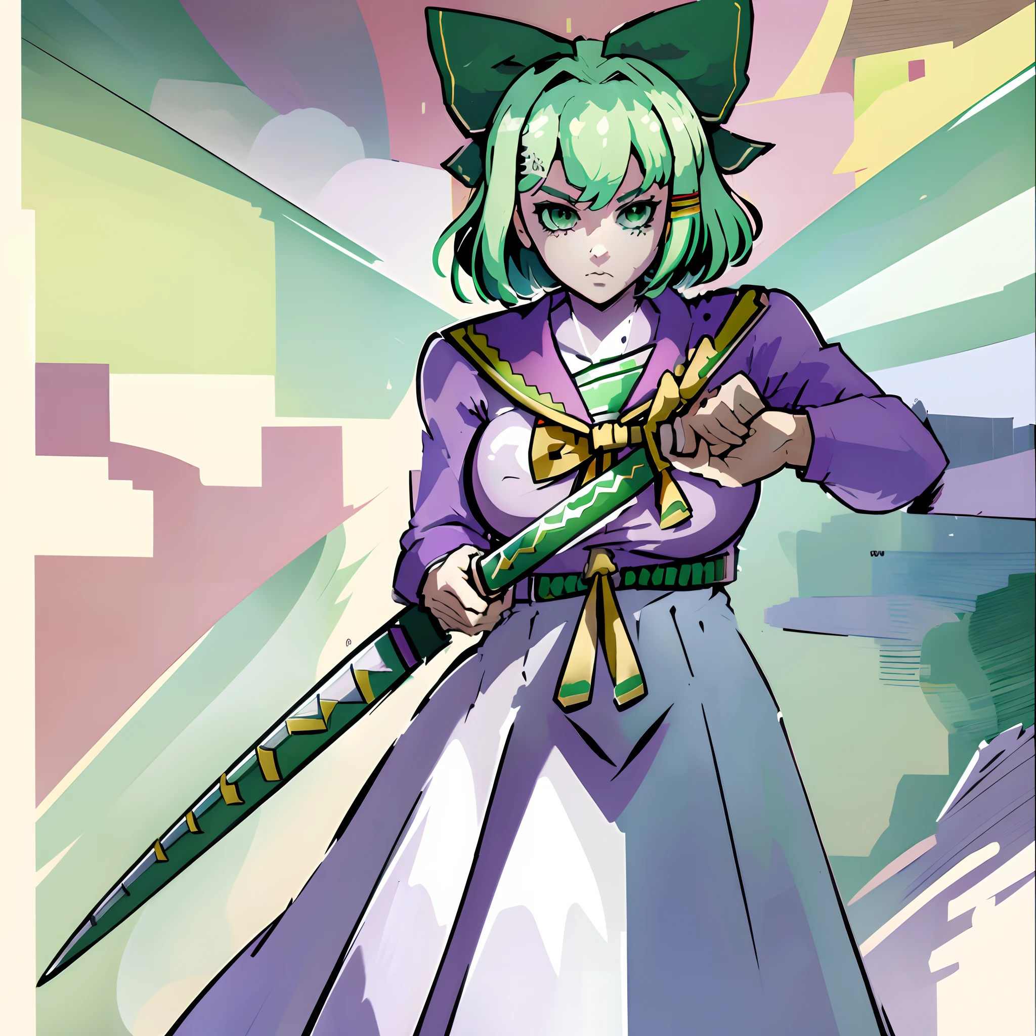 Highly detailed, High quality, Masterpiece, Beautiful, IncrsUn sheathing AKatanaMeme, scabbard, Grip sheath, Masterpiece, Best quality, 1girll, Same eye color, Green hair，a sailor suit，Hair Bow,