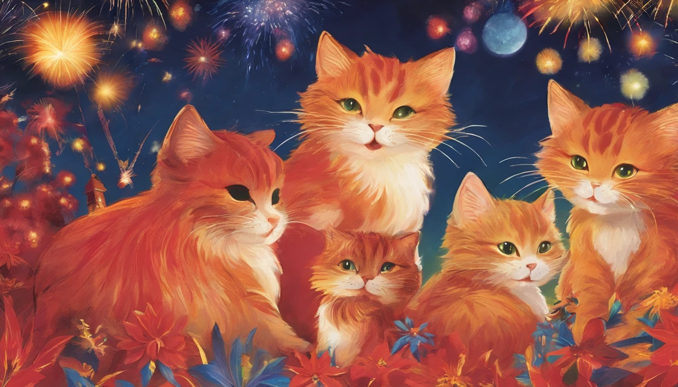 5 cats watching fireworks Fantastic atmosphere Picture book illustrations Overall, the color is strong red