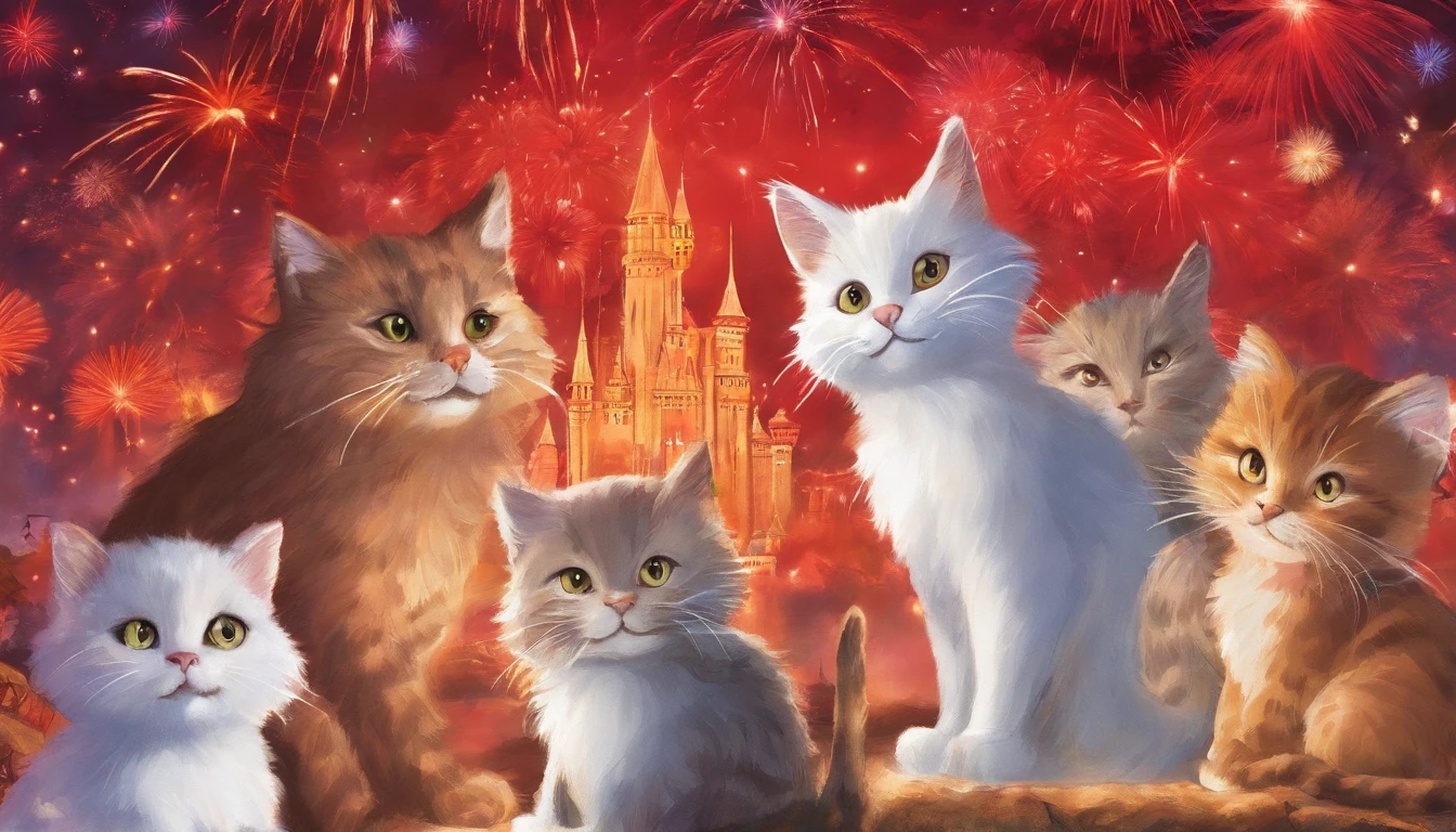 5 cats watching fireworks　Fantastic atmosphere　Picture book illustrations　Overall, the color is strong red