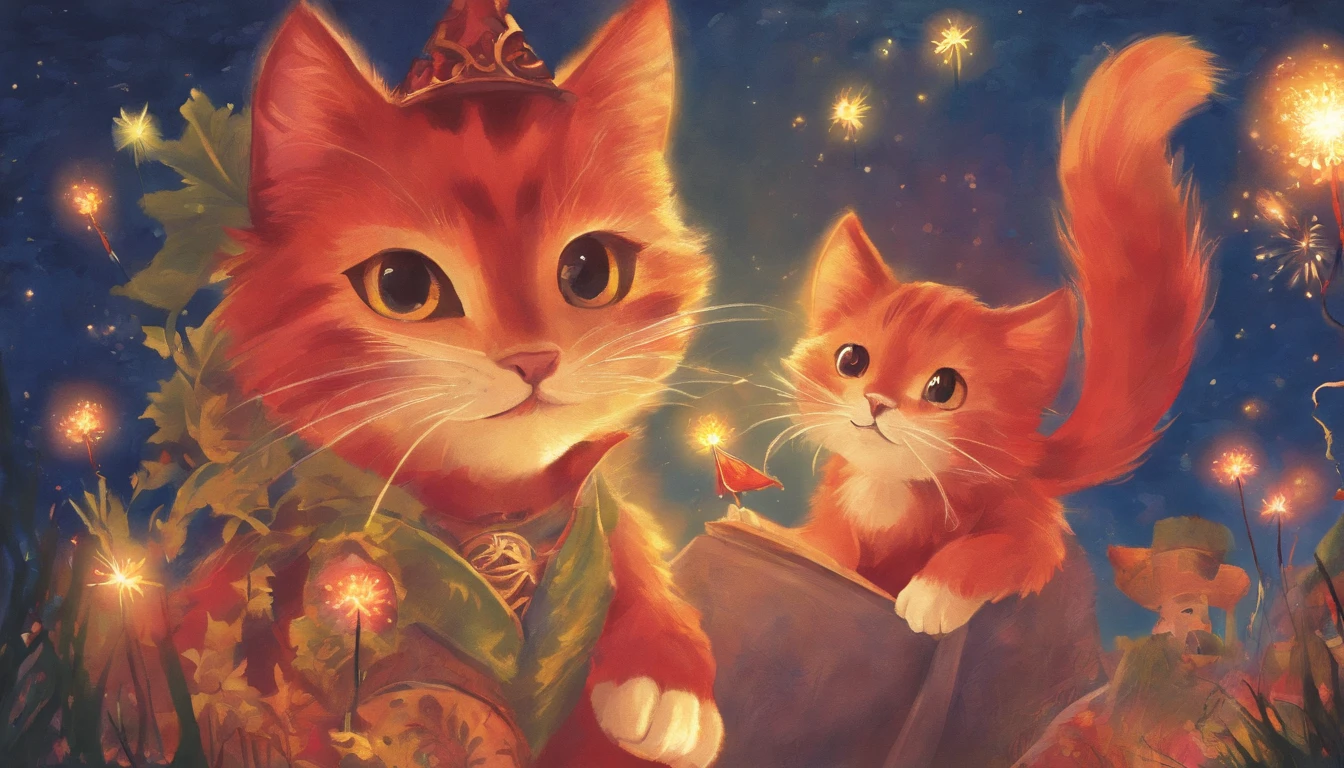 5 cats watching fireworks Fantastic atmosphere Picture book illustrations Overall, the color is strong red