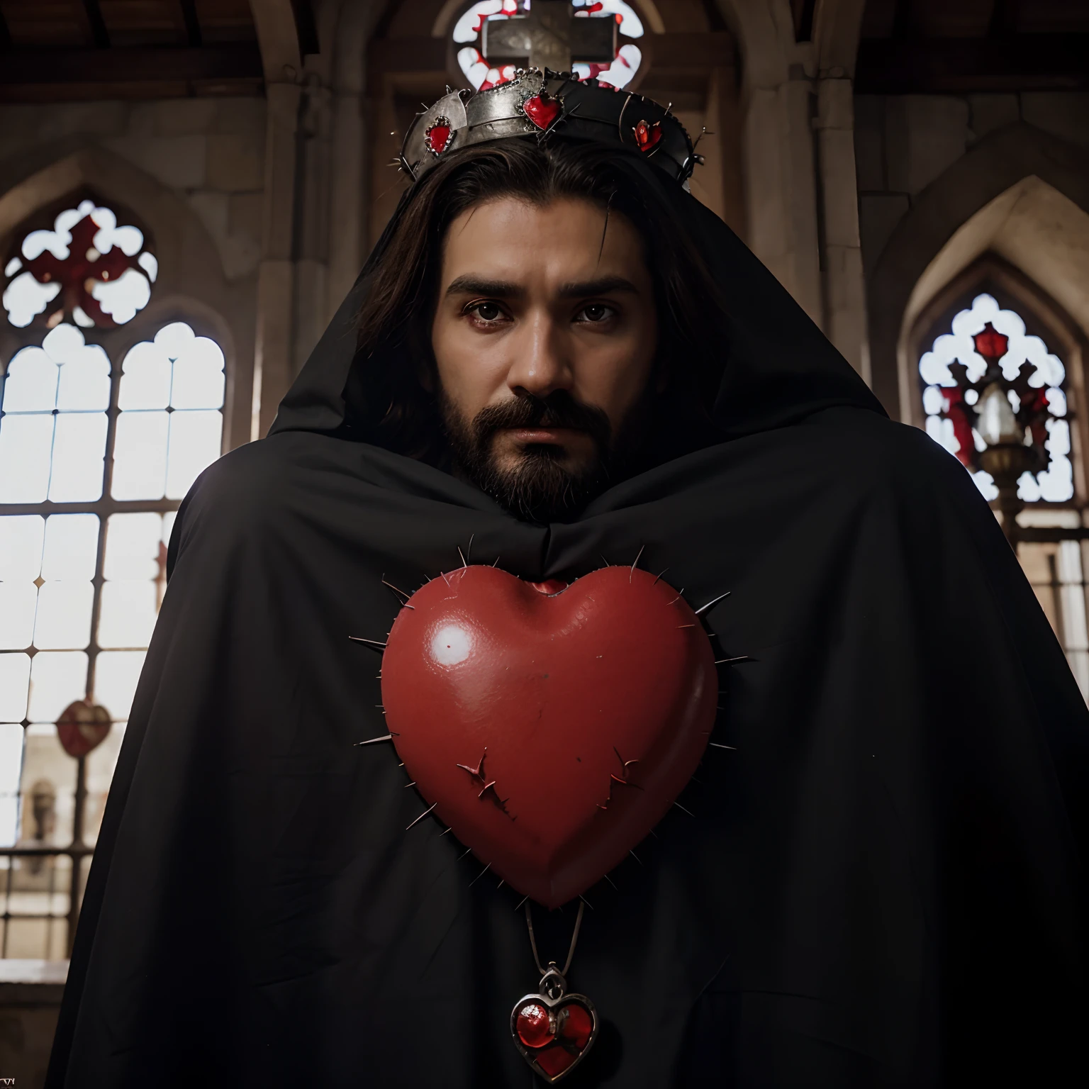 sacred heart of Jesus, only the red Heart with crown of thorns around it, cruz na parte de cima, pegando fogo na cruz, hdr, 8k, perfeito,