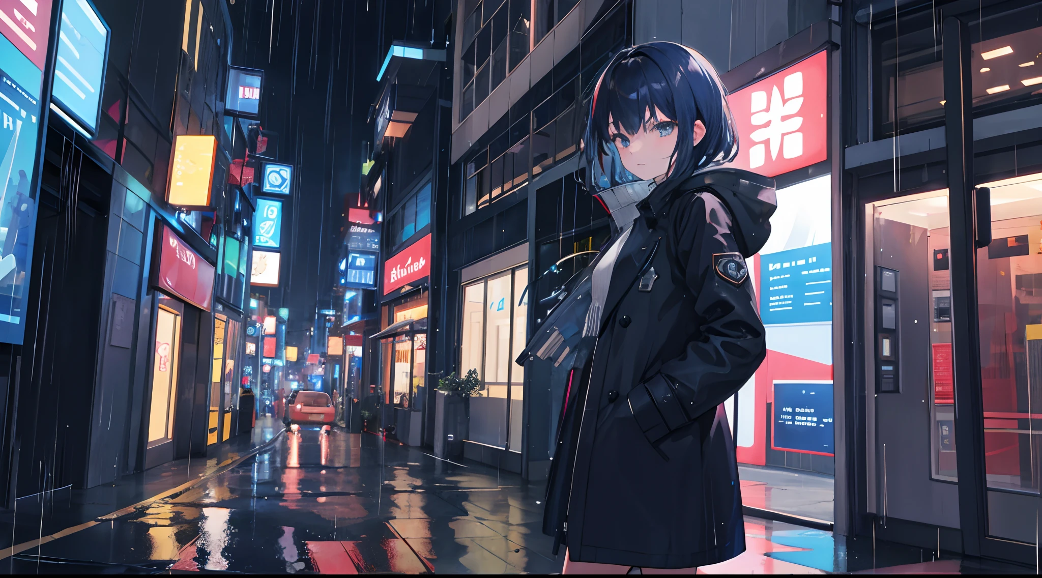 1girll,Night City,rain,Coat,Hands in pockets