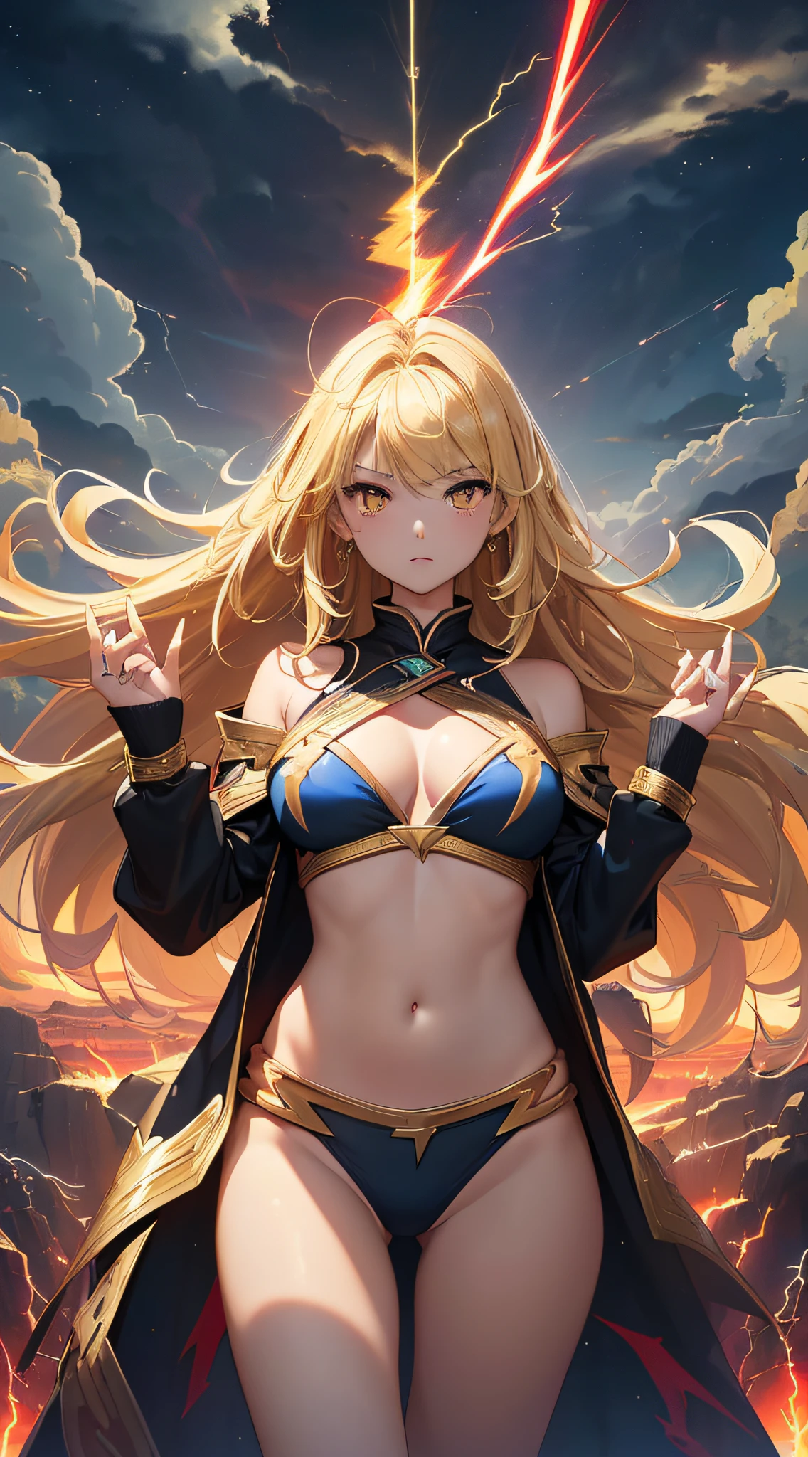top-quality、Top image quality、masterpiece、girl with((18year old、Best Bust、big bast、Bust 85,beautiful golden eyes、Breasts wide open,Blonde long hair、A slender、Large valleys、Gold Bikini、Goldcloak,Reflecting the whole body、Open your arms、Gold ring on wrist、Shooting lightning from the hand))hiquality、Beautiful Art、Background with((nigh sky、black clouds、lightning bolt、Intense thunder、thunderbolt、Red thunder、Blue lightning strike、Gold Thunder)))masutepiece、visualart、depth of fields、sky at night