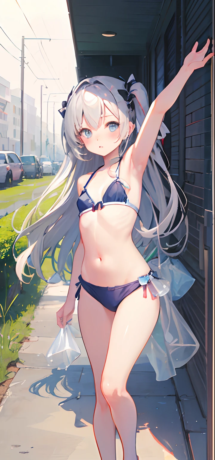 Hair stripes pink summer room wearing gray hair all over small armpits show future thighs cute child body type masterpiece plainclothes anime,Blush,Breasts develop well,The genitals are lovely,, without clothes