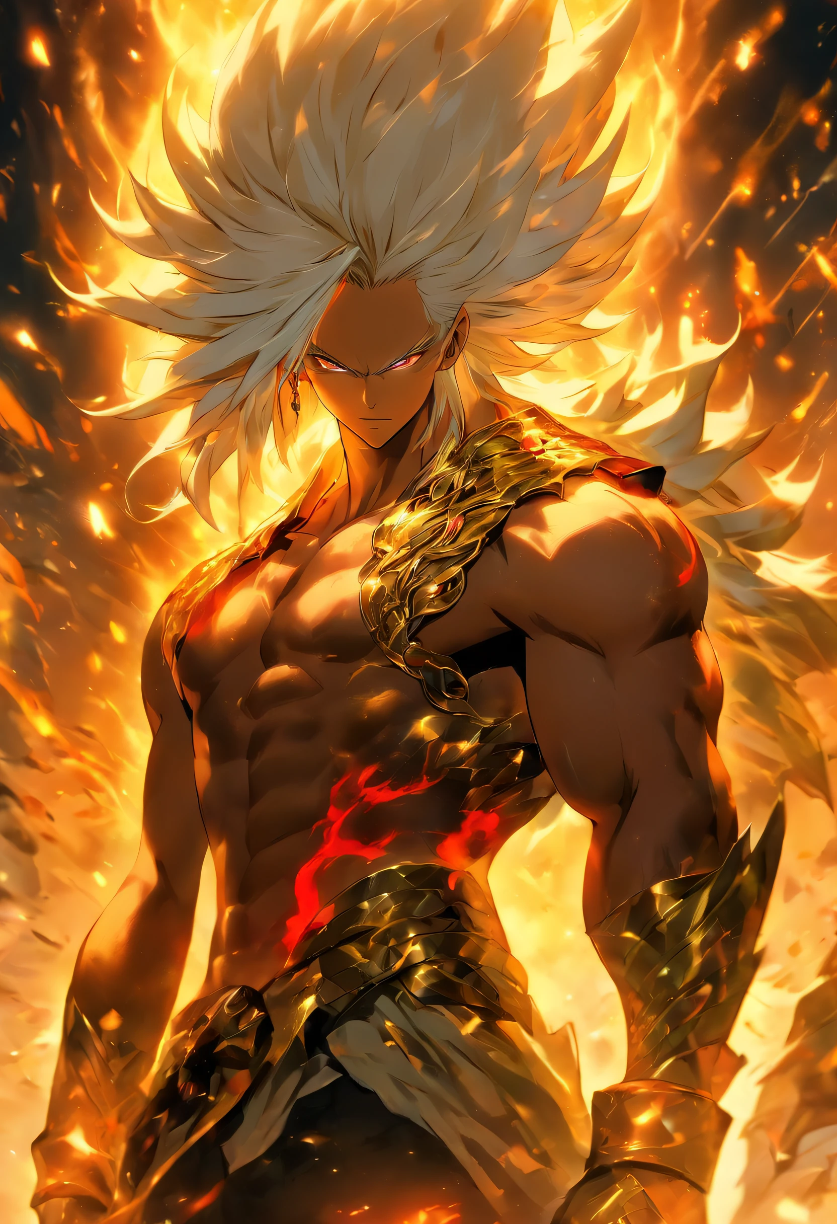 a male anime character with white hair and red eyes, character album cover, full art, antasy character, full art illustration, full portrait of elementalist, character profile art, official character art, official character illustration, merlin, high detailed official artwork, game key art, omoide emanon, oz, mobile game art, fangs, smurk, white hair, no shirt, muscular body, walking pose, white clothes, gold armor on the arms, black pants , white clothes on the around the waste.