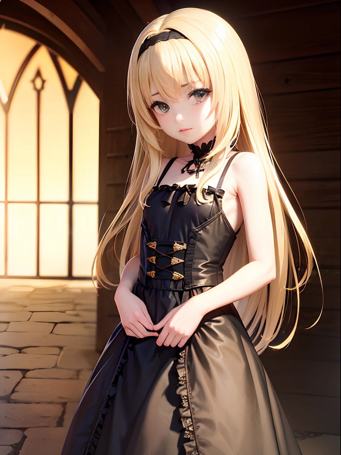 Real, 1 girl, a blond, Long hair, ***********, Golden Eyes, Shining eyes, (Small breasts: 1.2), Gothic ****ta Dresses, shot from front, Sun bath