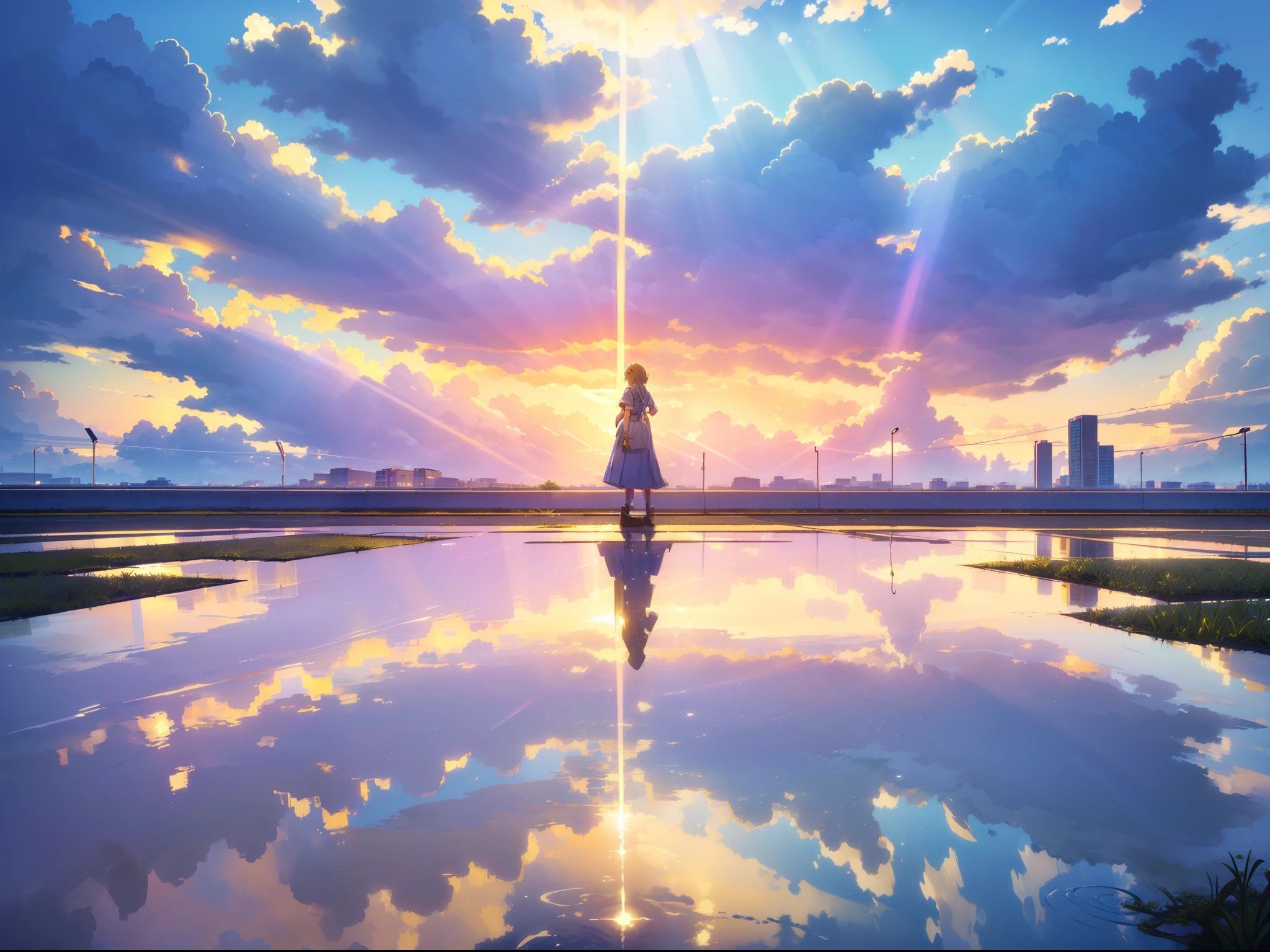 1 cute girl ,looking away, (yellow lighting) ,(( Jacob's Ladder)), ((crepuscular rays )), ((standing on puddle)), from behind , ((background cloudy sky )),((masterpiece)), ((best quality)), ((ultra-detailed)), (illustration), ((an extremely delicate and beautiful))