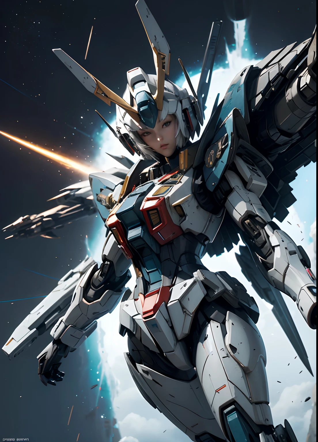 Textured skin, Super Detail, high details, Best Quality, hight resolution, 1080p, hard disk, a beauty,She wears a futuristic Gundam mecha,(Gundam),Fulll body Shot