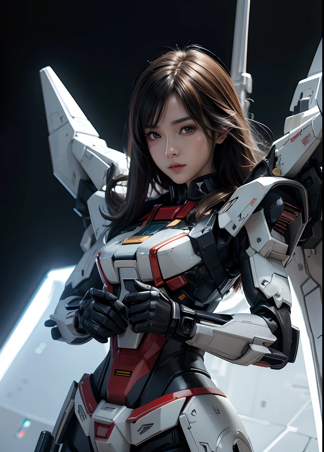 Textured skin, Super Detail, high details, Best Quality, hight resolution, 1080p, hard disk, a beauty,She wears a futuristic Gundam mecha,(Gundam),Fulll body Shot