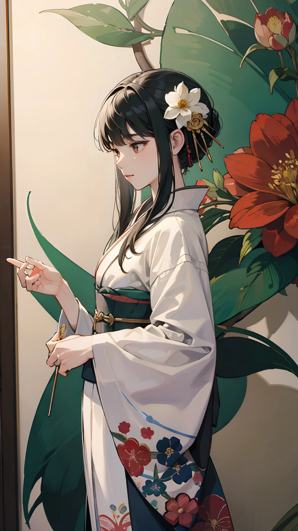 ((top-quality))、 ((masterpiece))、florals、kimono、Standing in front of the painting 、Flowers in the foreground、Bokeh effect strong