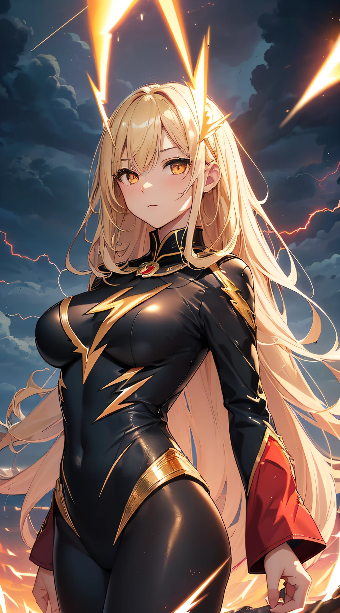 top-quality、Top image quality、​masterpiece、girl with((18year old、Best Bust、big bast、Bust 85,beautiful golden eyes、Breasts wide open,Blonde long hair、A slender、Large valleys、Gold Bodysuit,Reflecting the whole body、Open your arms、Gold ring on wrist、Shoot lightning from your hands)）hiquality、Beautiful Art、Background with((nigh sky、black clouds、lightning bolt、Intense thunder、Thunderbolt、Red thunder、Blue lightning strike、Gold Thunder)))masutepiece、visualart、depth of fields、sky at night