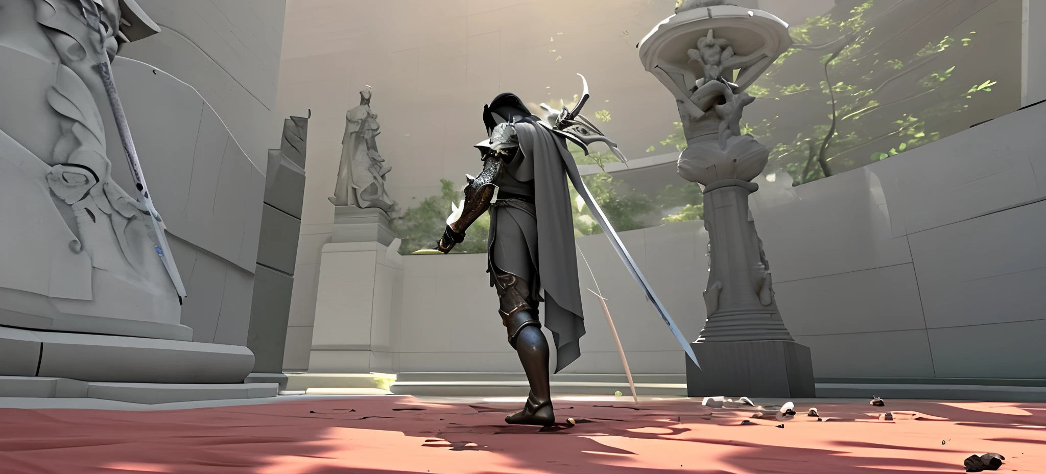 Spawn a sword from the statues on both sides，Insert into the ground。The ground is a dull gray of cracking